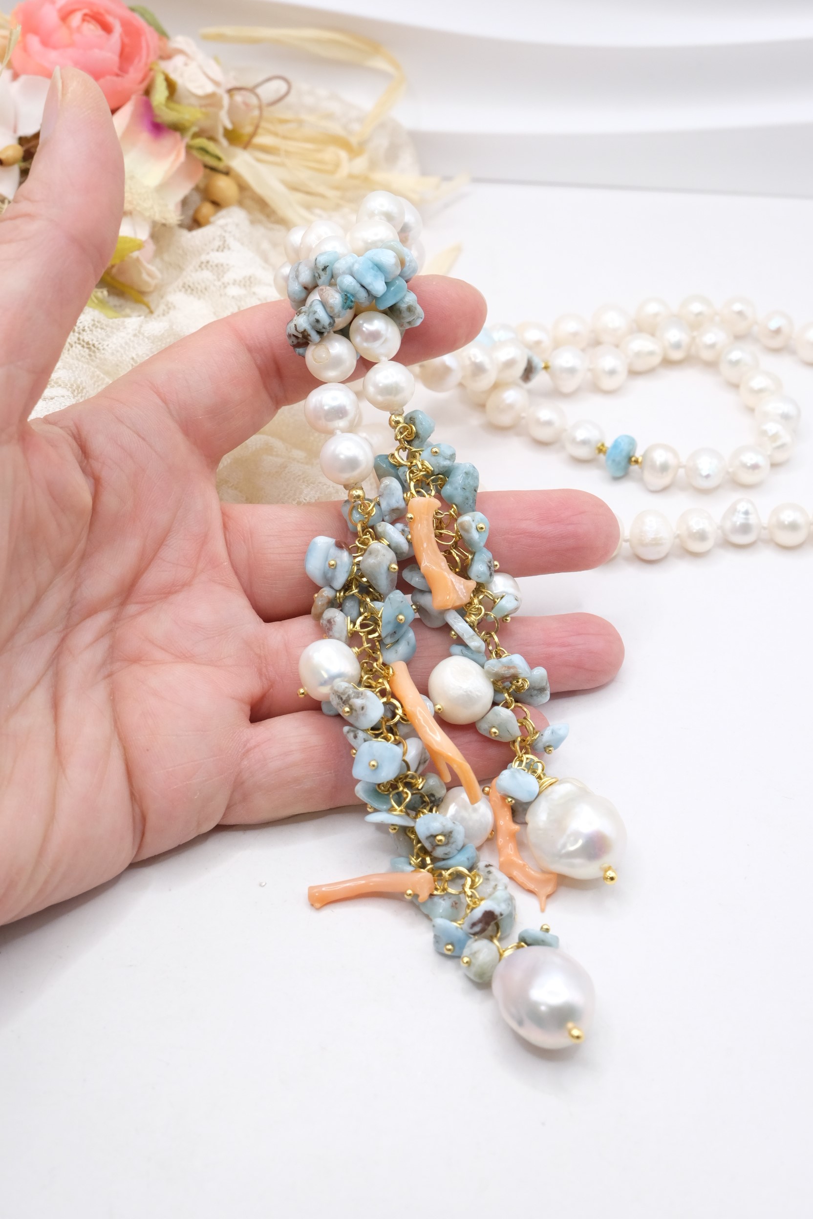 COLLANA ARTIGIANALE LARIAT PERLE LARIMAR CORALLO (5)
