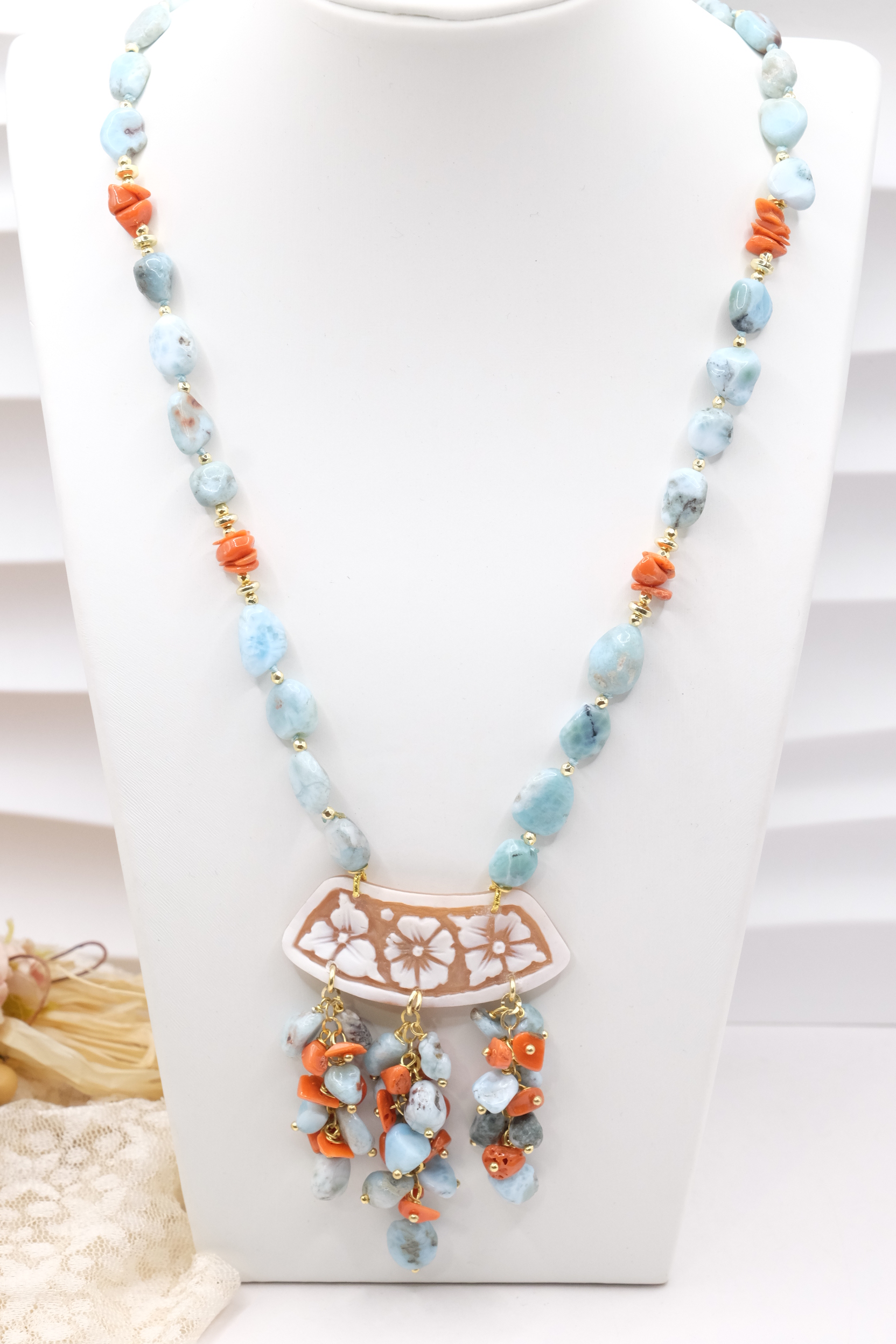 COLLANA ARTIGIANALE LARIMAR CORALLO CAMMEO DI TORRE DEL GRECO ARGENTO PLACCATO ORO (1)