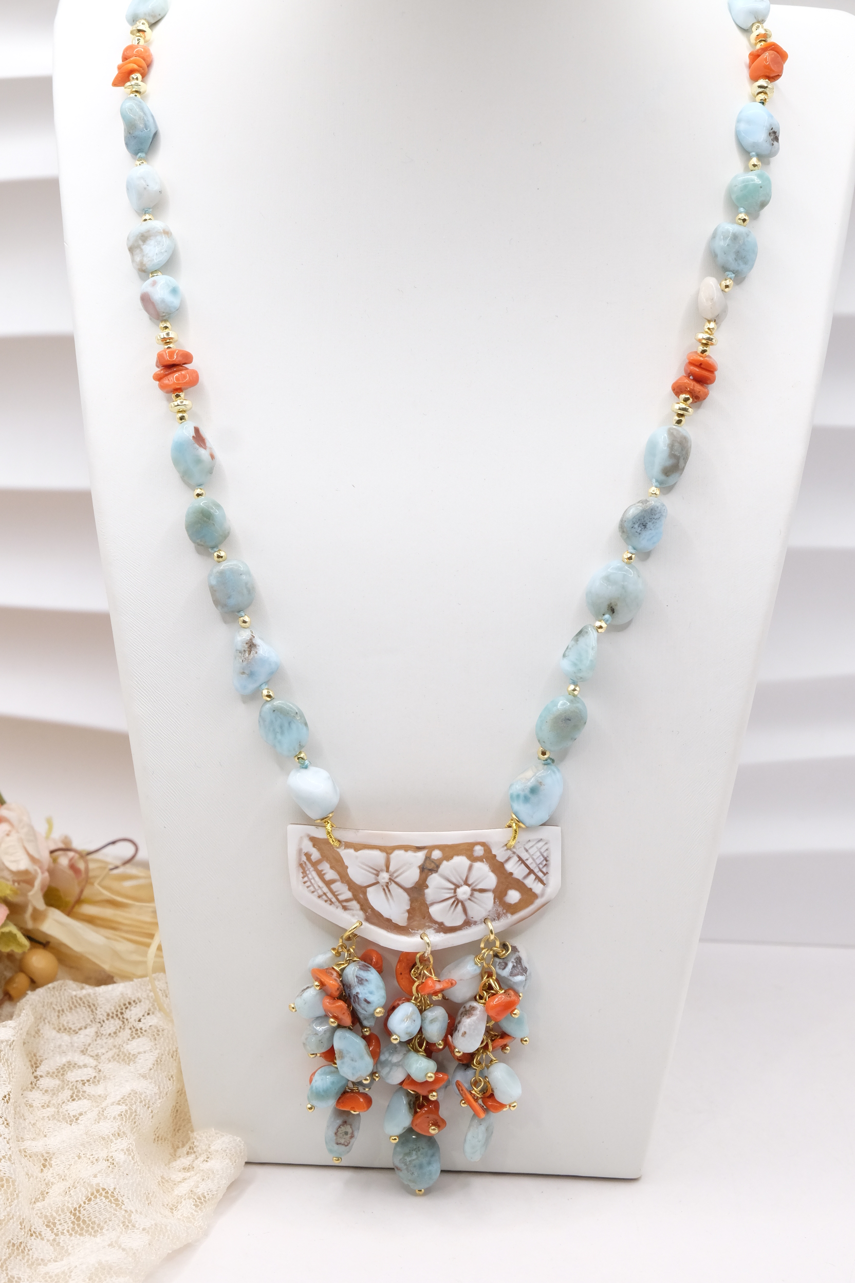 COLLANA ARTIGIANALE LARIMAR CORALLO CAMMEO DI TORRE DEL GRECO ARGENTO PLACCATO ORO (2)
