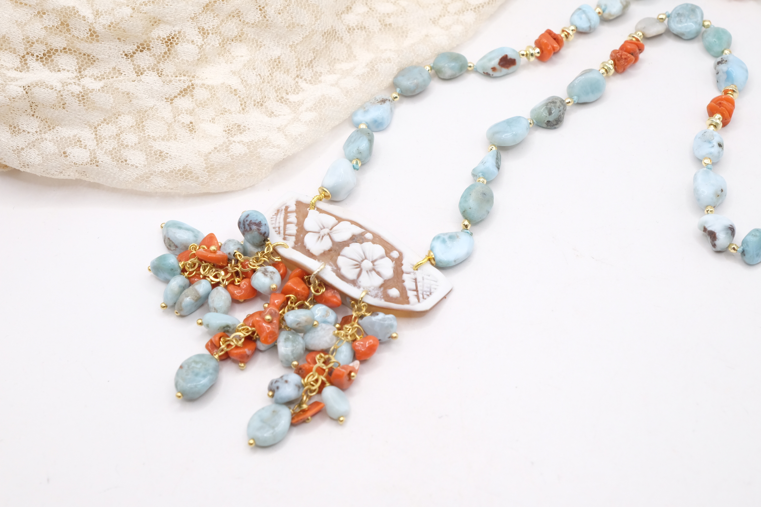 COLLANA ARTIGIANALE LARIMAR CORALLO CAMMEO DI TORRE DEL GRECO ARGENTO PLACCATO ORO (3)