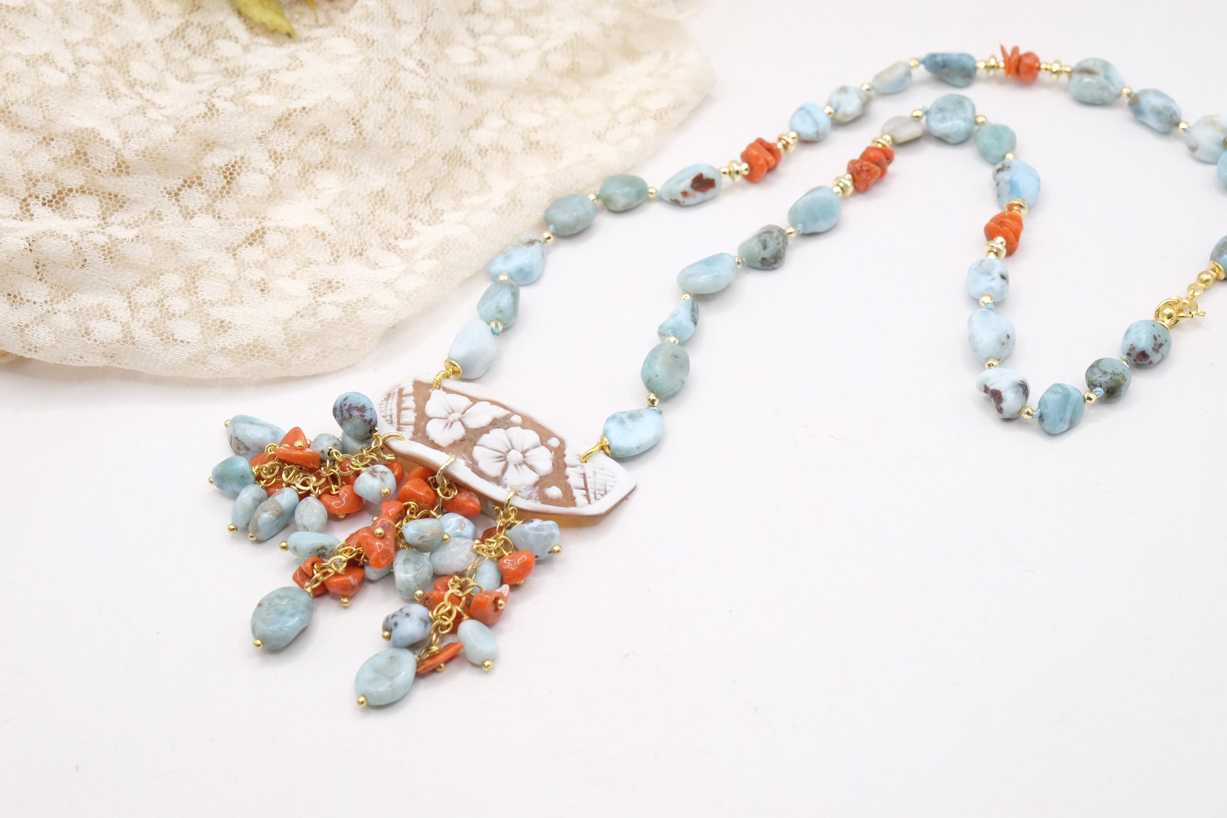 COLLANA ARTIGIANALE LARIMAR CORALLO CAMMEO DI TORRE DEL GRECO ARGENTO PLACCATO ORO (4)