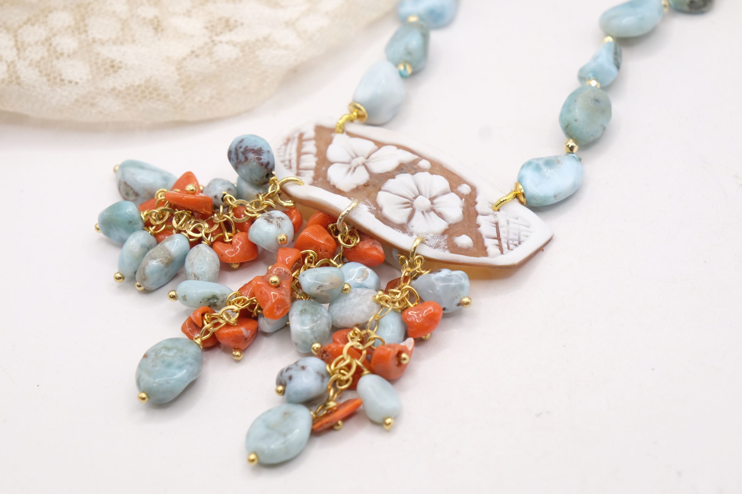 COLLANA ARTIGIANALE LARIMAR CORALLO CAMMEO DI TORRE DEL GRECO ARGENTO PLACCATO ORO (5)