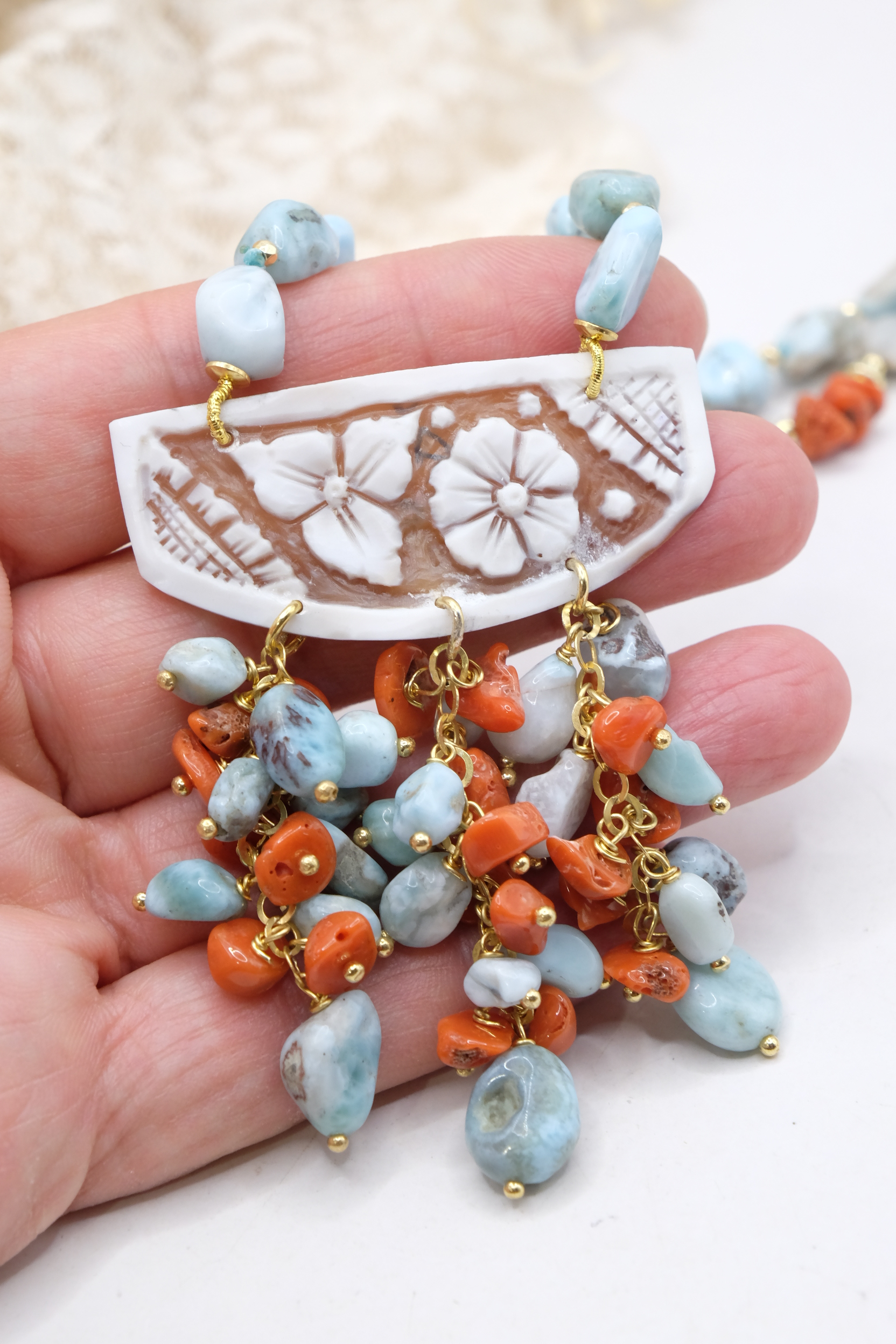 COLLANA ARTIGIANALE LARIMAR CORALLO CAMMEO DI TORRE DEL GRECO ARGENTO PLACCATO ORO (6)