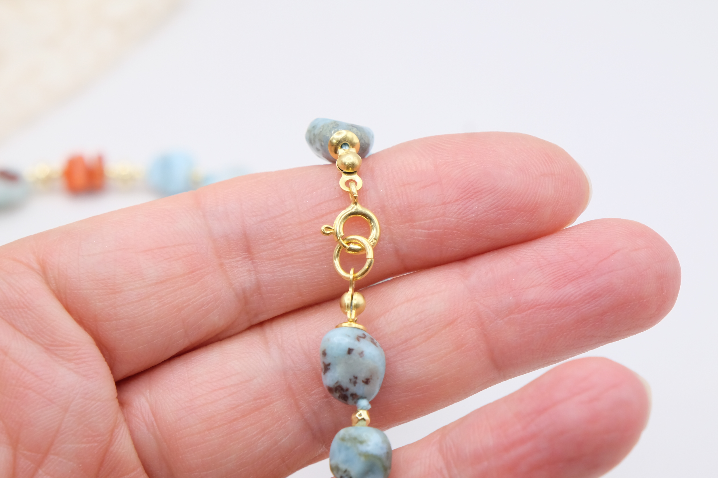 COLLANA ARTIGIANALE LARIMAR CORALLO CAMMEO DI TORRE DEL GRECO ARGENTO PLACCATO ORO (7)