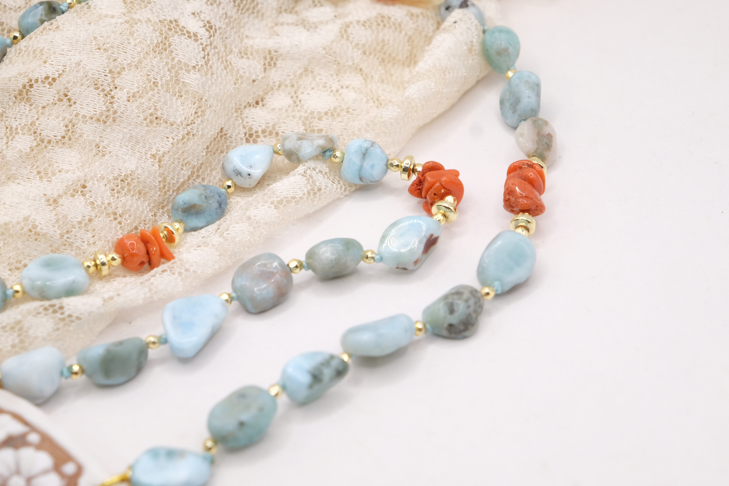 COLLANA ARTIGIANALE LARIMAR CORALLO CAMMEO DI TORRE DEL GRECO ARGENTO PLACCATO ORO (8)
