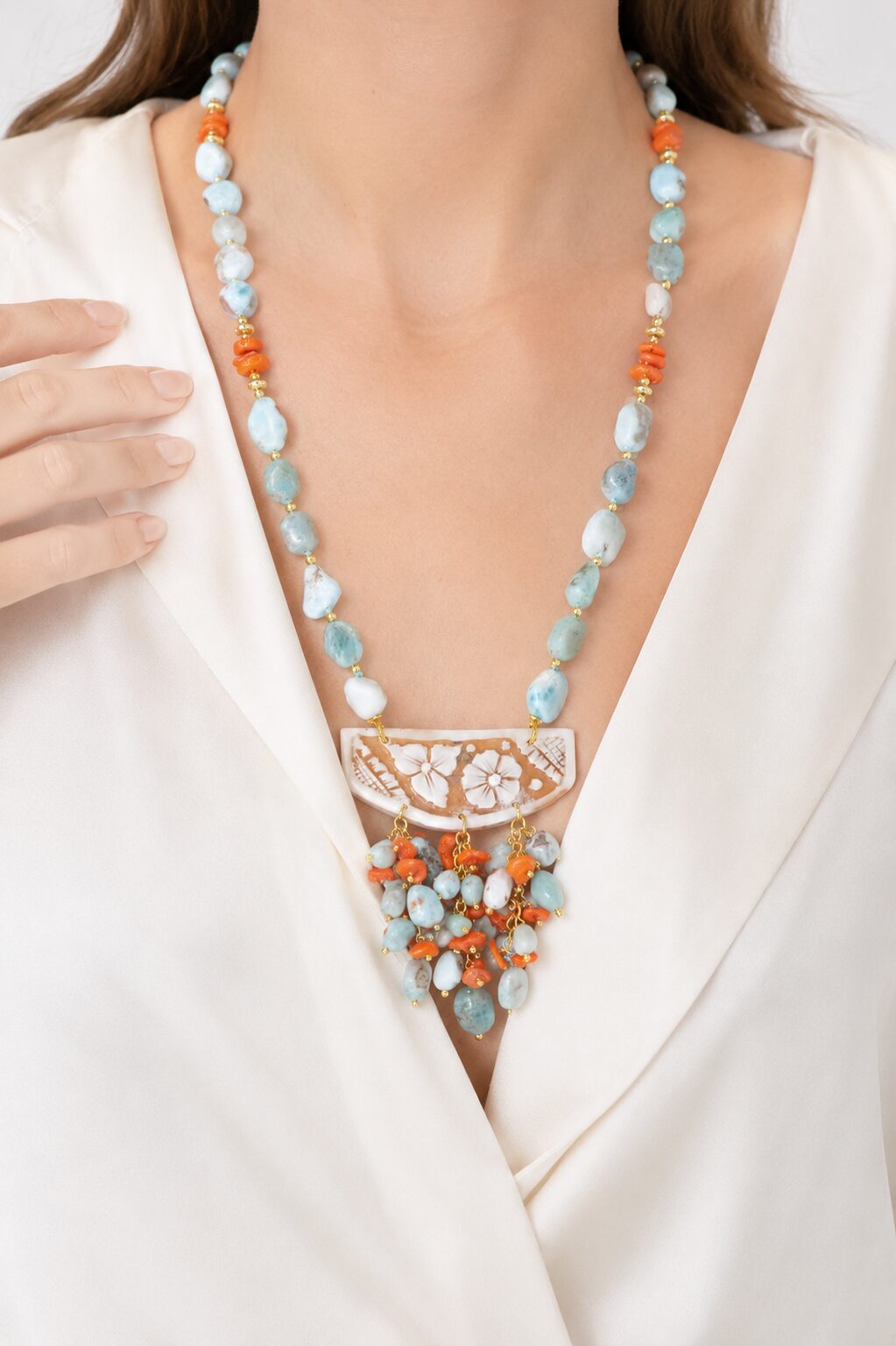 COLLANA ARTIGIANALE LARIMAR CORALLO CAMMEO DI TORRE DEL GRECO ARGENTO PLACCATO ORO