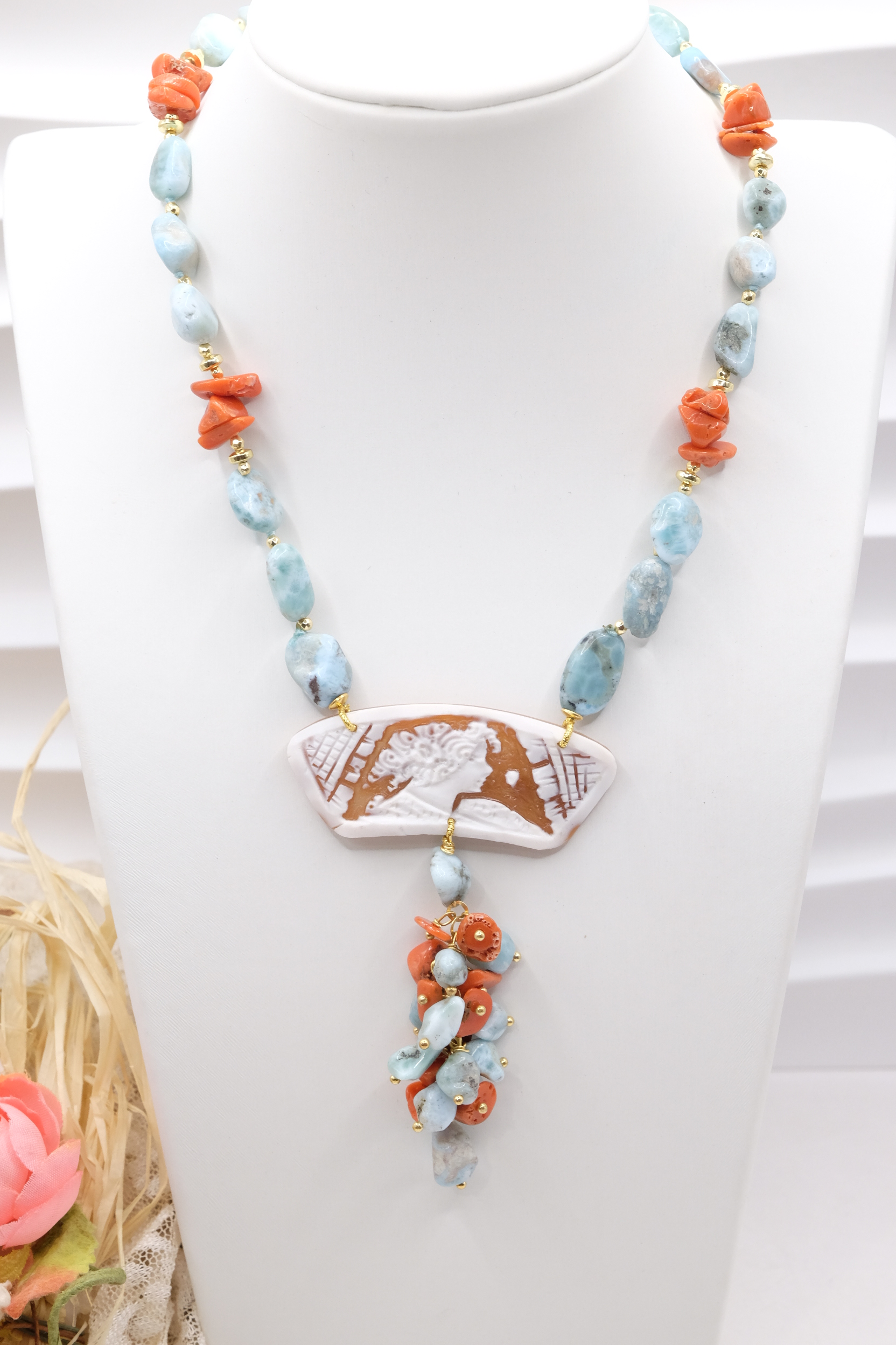 COLLANA ARTIGIANALE LARIMAR CORALLO NATURALE CAMMEO DI TORRE DEL GRECO ARGENTO (1)
