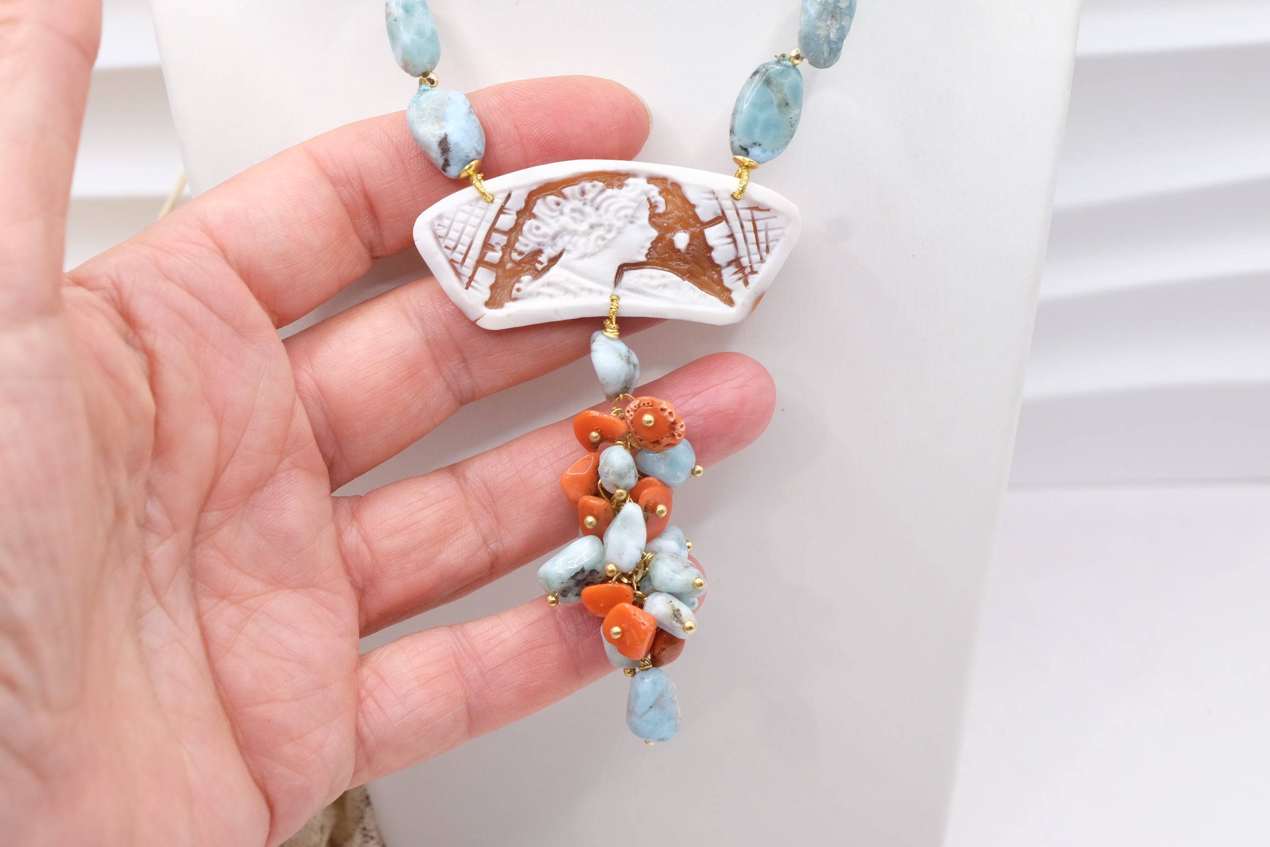 COLLANA ARTIGIANALE LARIMAR CORALLO NATURALE CAMMEO DI TORRE DEL GRECO ARGENTO (2)