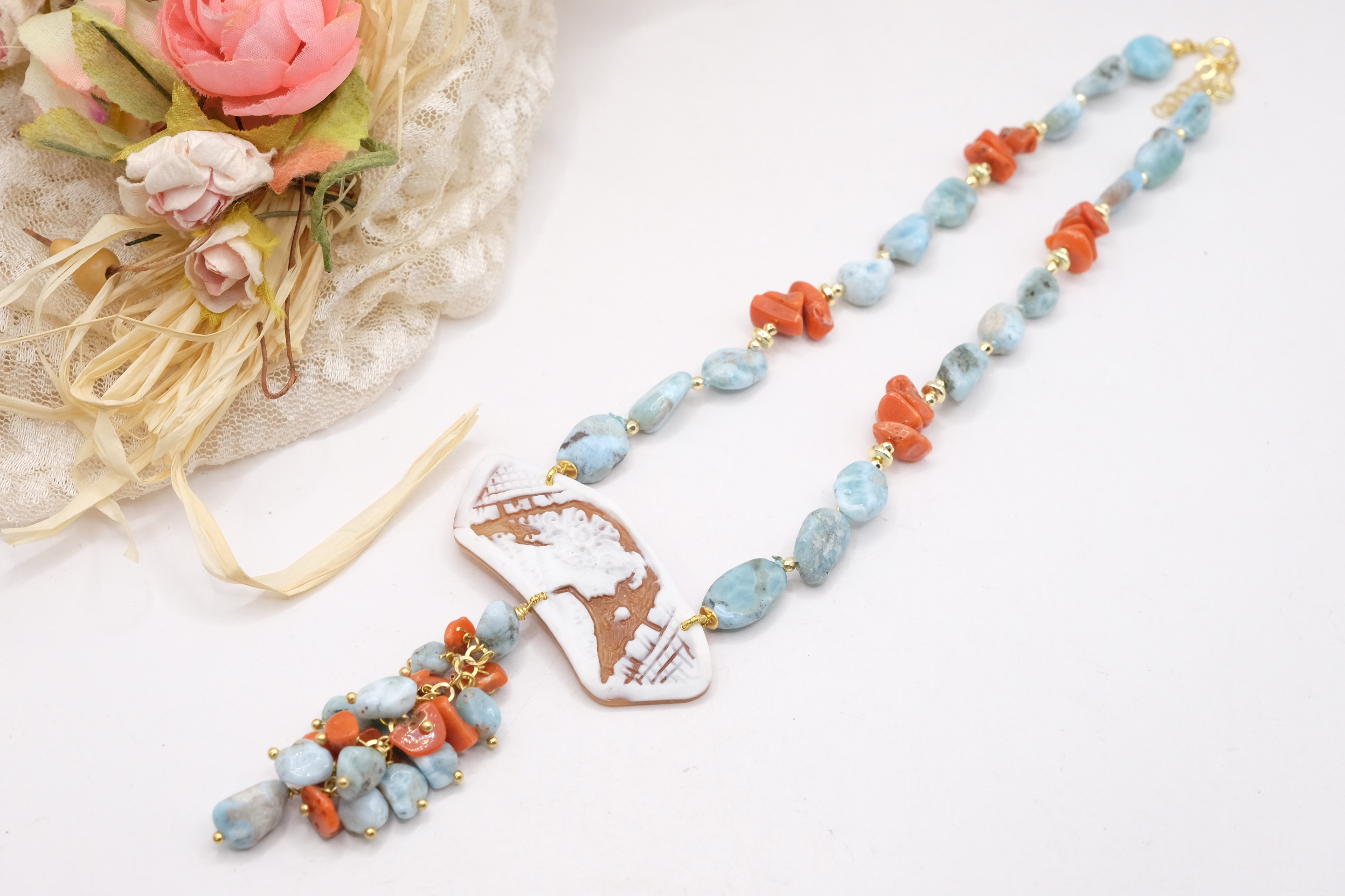 COLLANA ARTIGIANALE LARIMAR CORALLO NATURALE CAMMEO DI TORRE DEL GRECO ARGENTO (3)