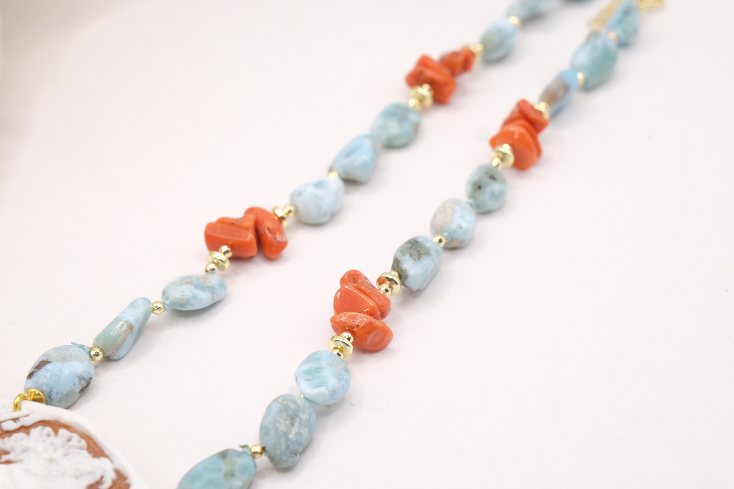 COLLANA ARTIGIANALE LARIMAR CORALLO NATURALE CAMMEO DI TORRE DEL GRECO ARGENTO (4)