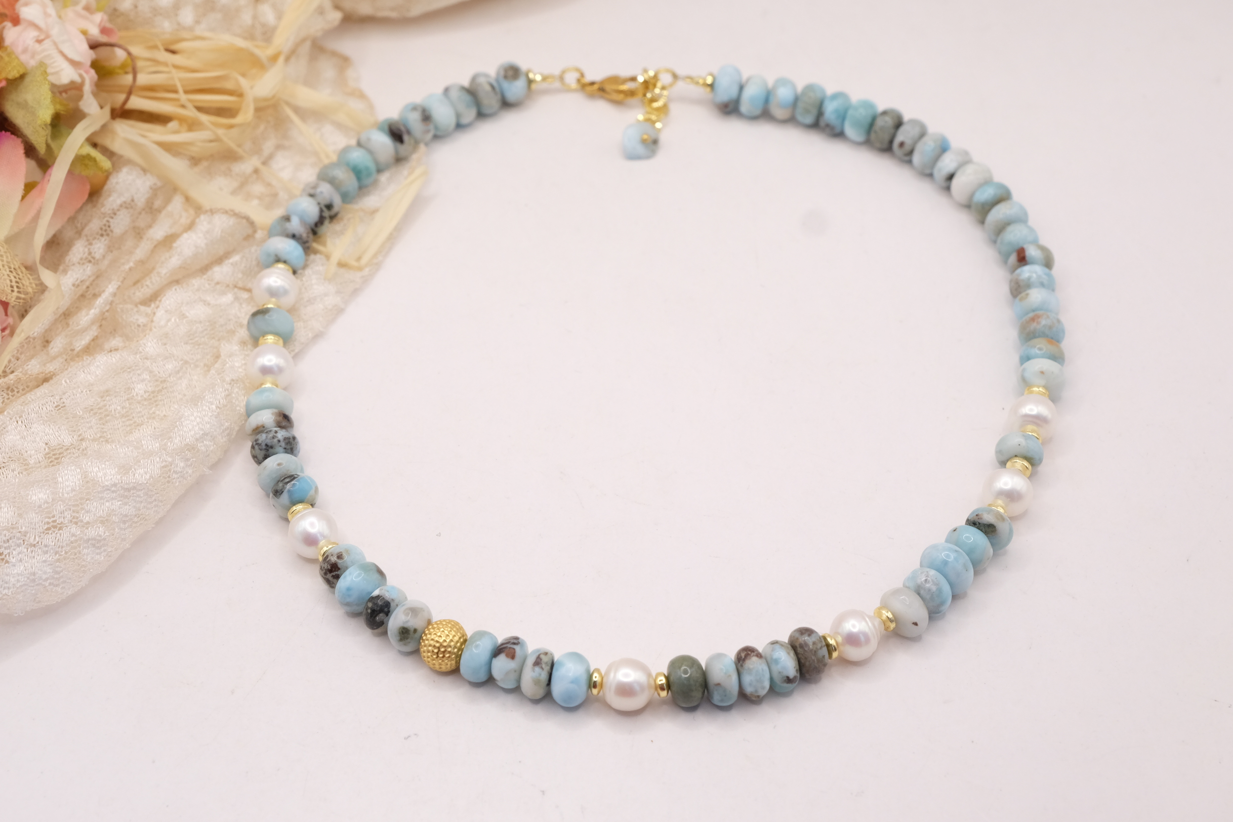 COLLANA ARTIGIANALE LARIMAR PERLE ARGENTO DORATO (2)
