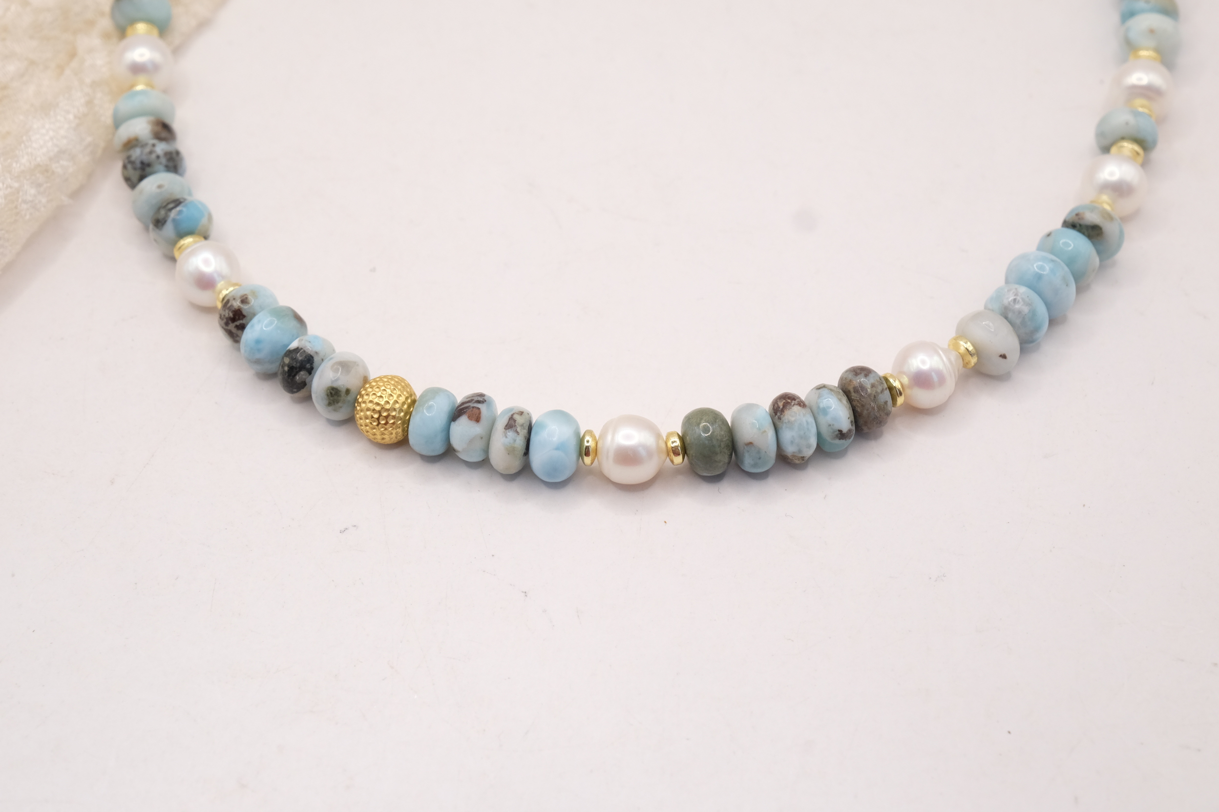 COLLANA ARTIGIANALE LARIMAR PERLE ARGENTO DORATO (3)