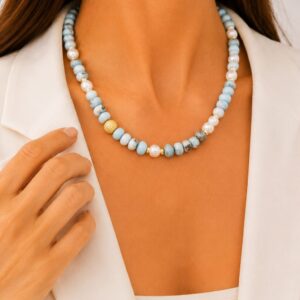 Collana Prezioso Larimar Perle Naturali Acciaio Dorato