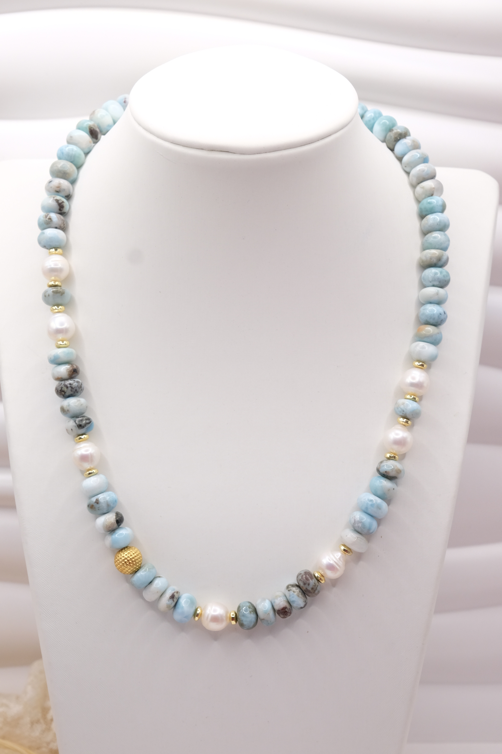 COLLANA ARTIGIANALE LARIMAR PERLE ARGENTO DORATO (4)