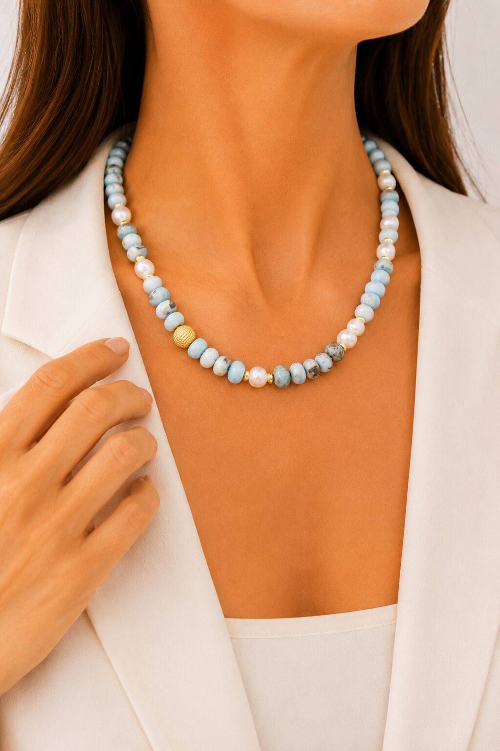 COLLANA ARTIGIANALE LARIMAR PERLE ARGENTO DORATO