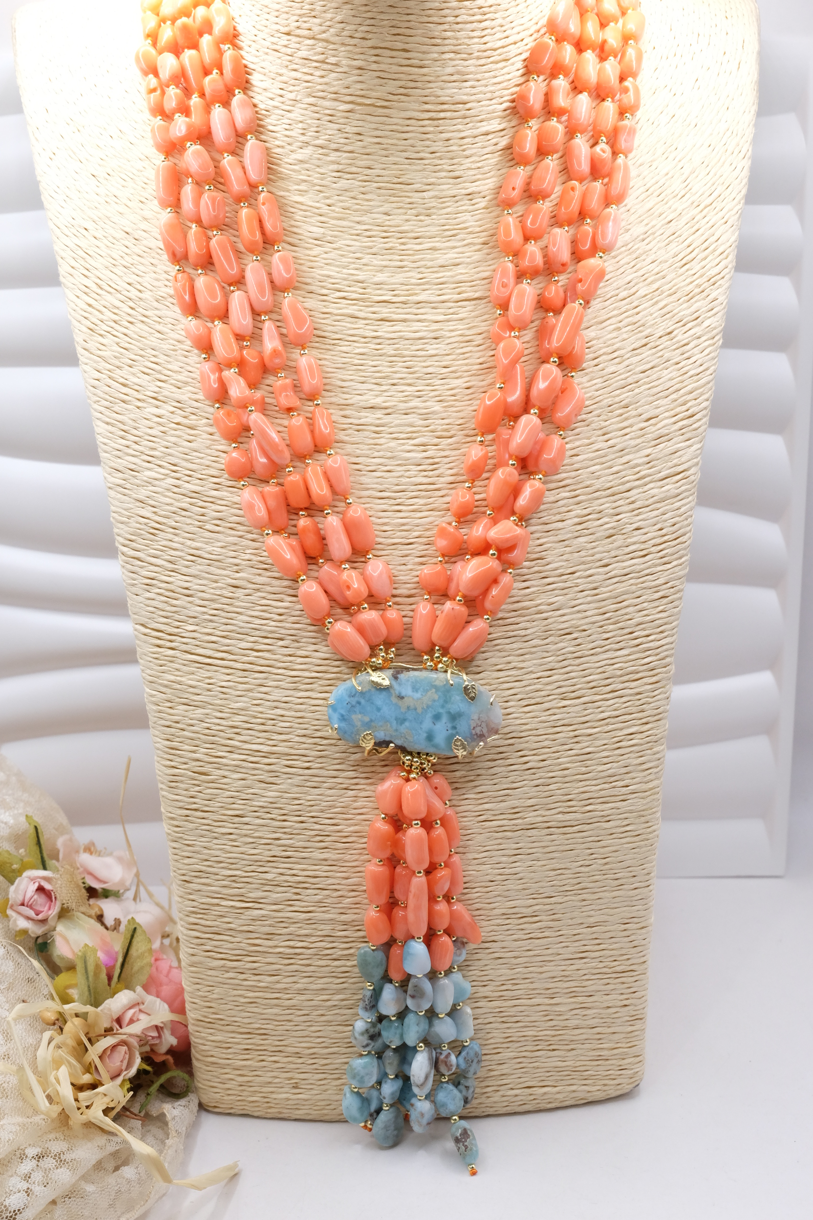 COLLANA ARTIGIANALE LUNGA CORALLO BAMBOO LARIMAR ARGENTO 925 PLACCATO ORO (2)