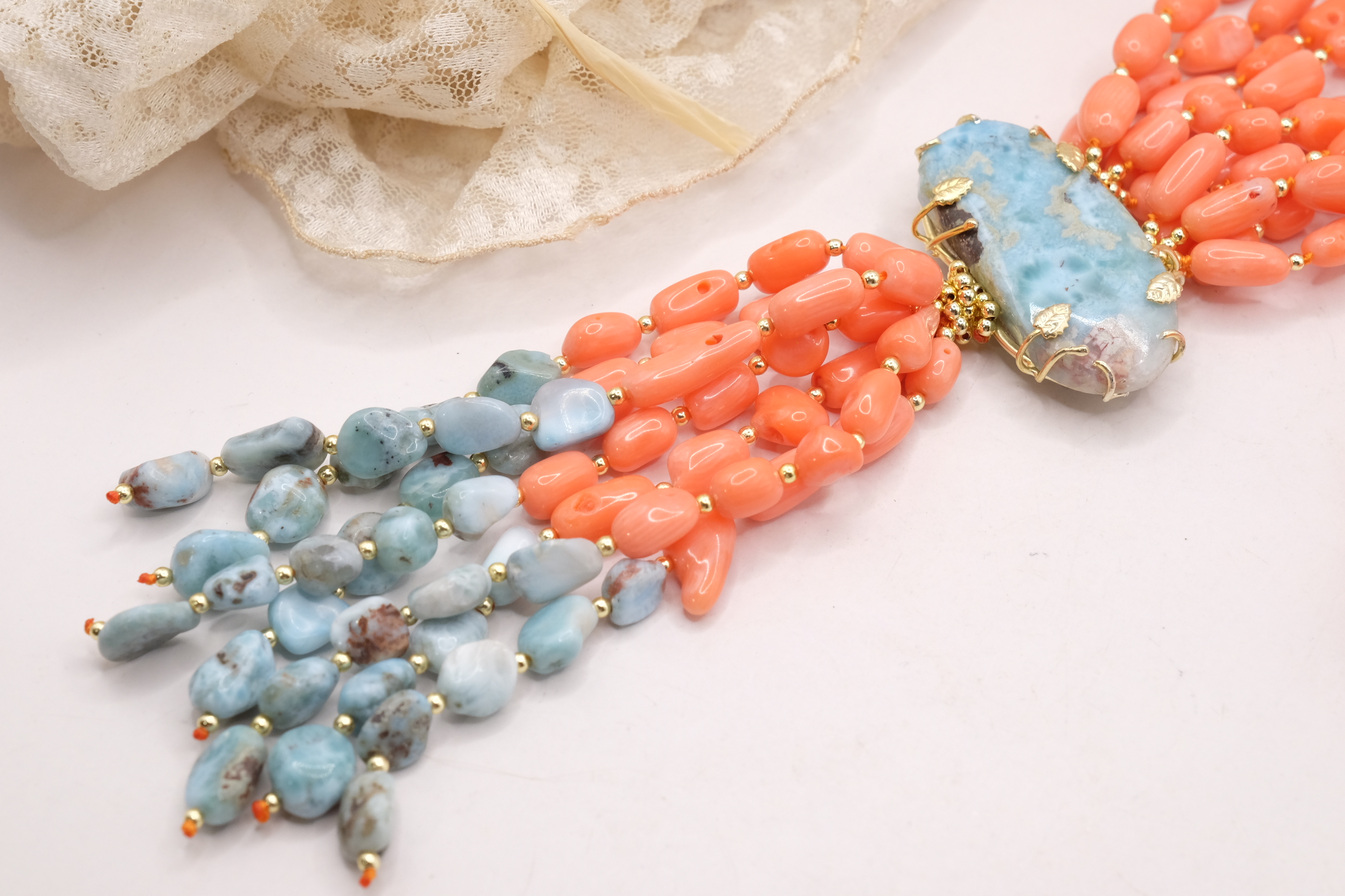 COLLANA ARTIGIANALE LUNGA CORALLO BAMBOO LARIMAR ARGENTO 925 PLACCATO ORO (3)