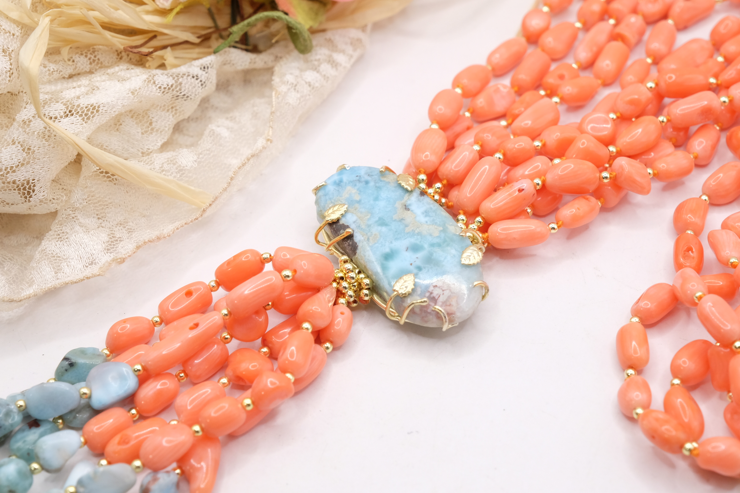 COLLANA ARTIGIANALE LUNGA CORALLO BAMBOO LARIMAR ARGENTO 925 PLACCATO ORO (4)