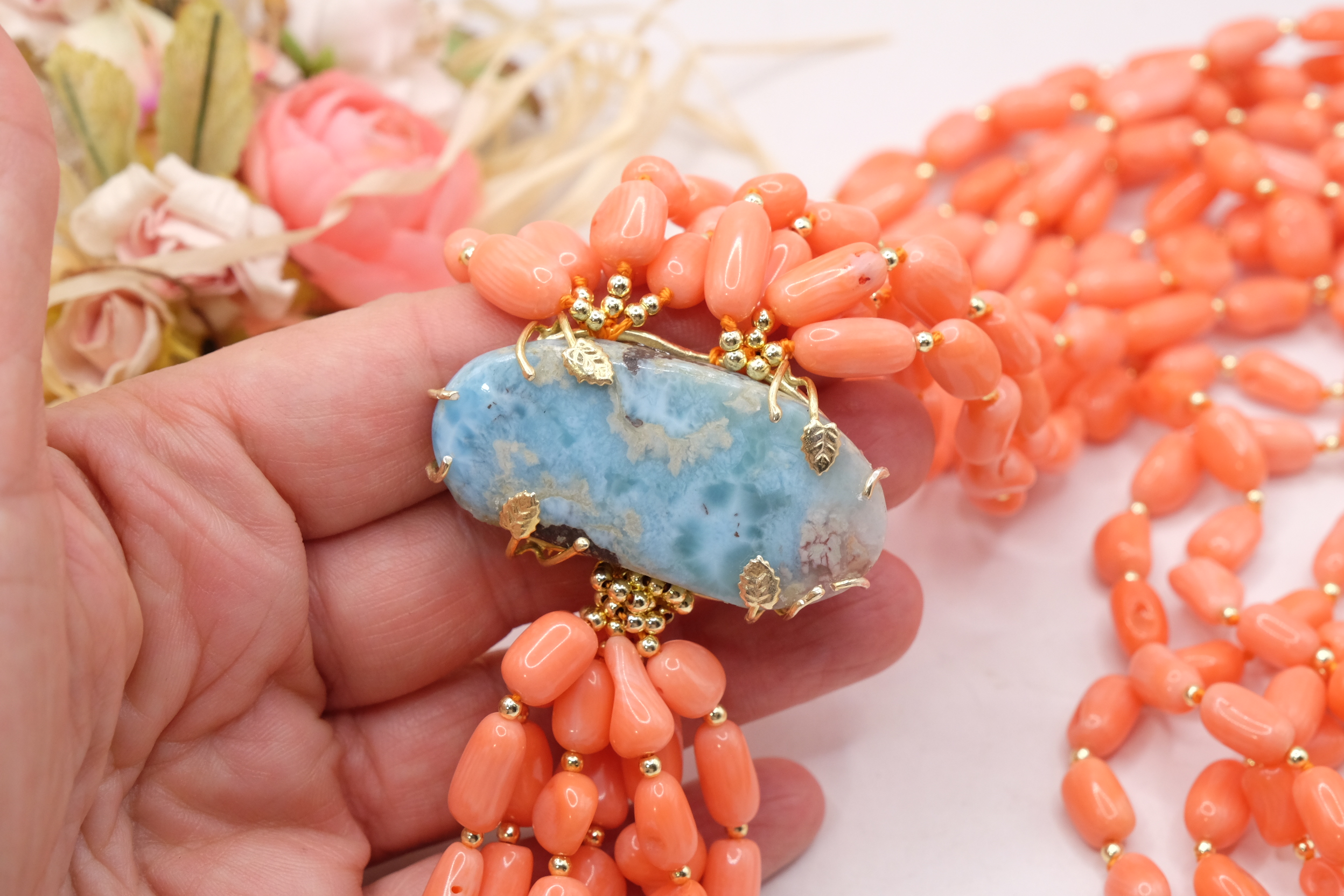 COLLANA ARTIGIANALE LUNGA CORALLO BAMBOO LARIMAR ARGENTO 925 PLACCATO ORO (5)
