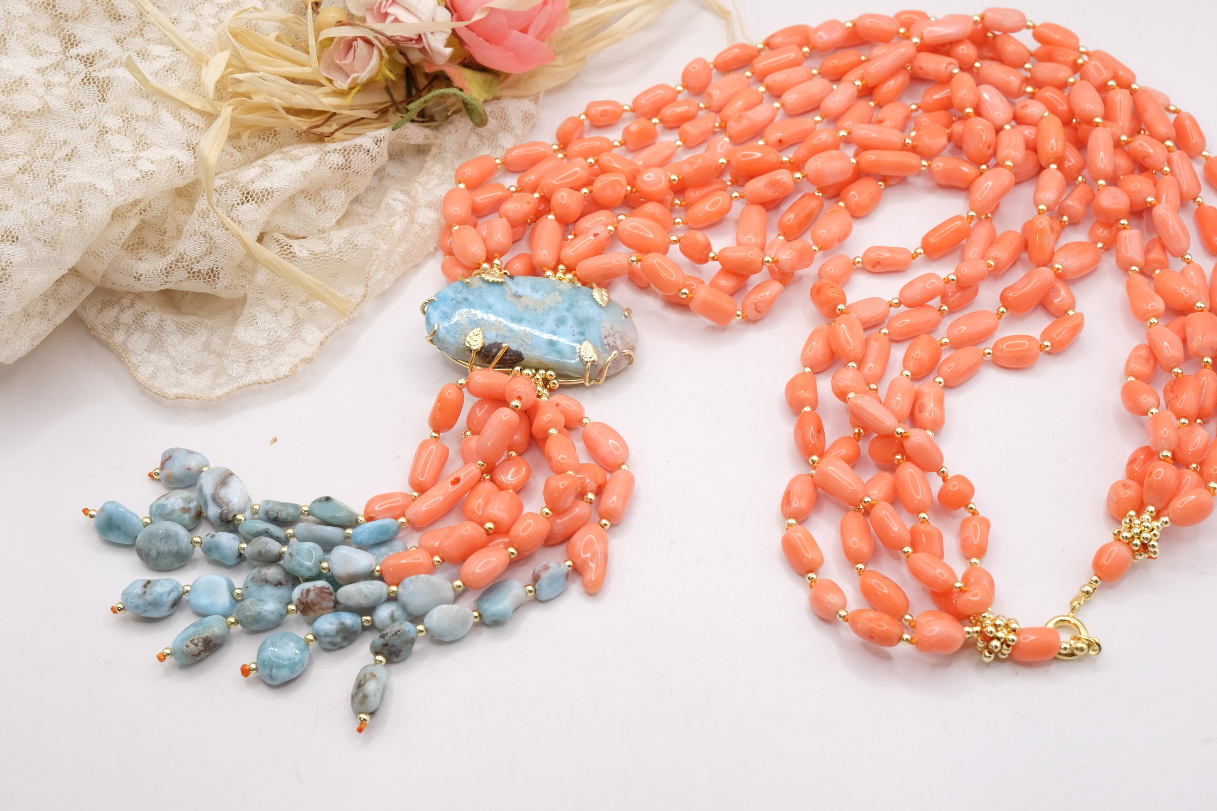 COLLANA ARTIGIANALE LUNGA CORALLO BAMBOO LARIMAR ARGENTO 925 PLACCATO ORO (6)