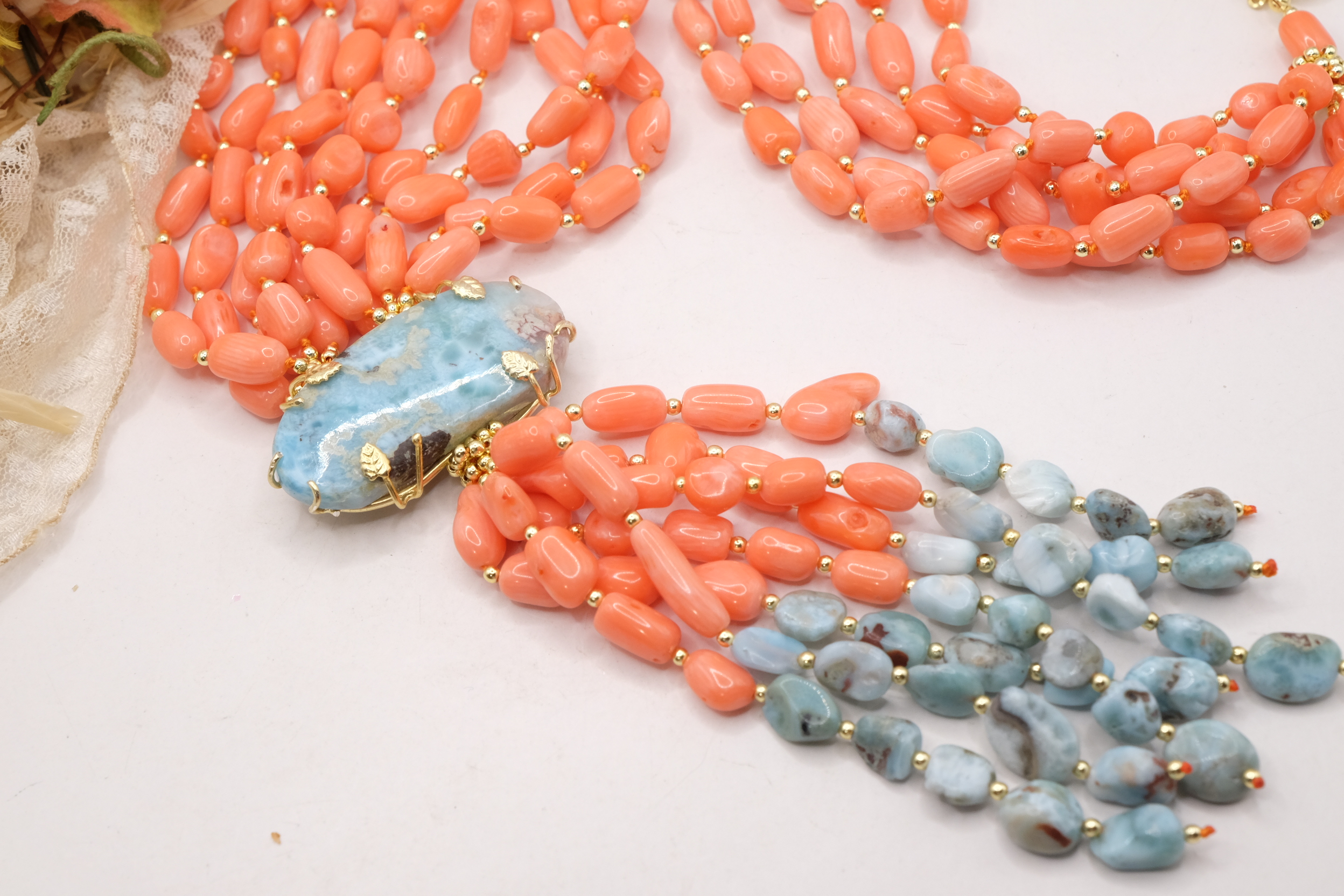 COLLANA ARTIGIANALE LUNGA CORALLO BAMBOO LARIMAR ARGENTO 925 PLACCATO ORO (9)