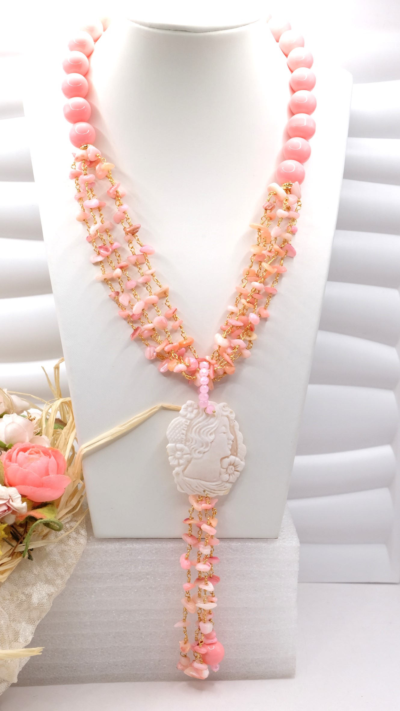 COLLANA ARTIGIANALE MADREPERLA ROSA PASTA DI CORALLO CAMMEO DI TORRE DEL GRECO (1)