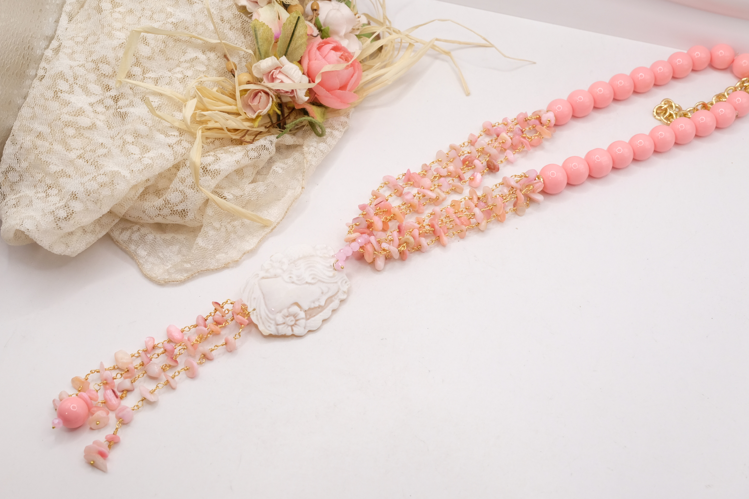 COLLANA ARTIGIANALE MADREPERLA ROSA PASTA DI CORALLO CAMMEO DI TORRE DEL GRECO (3)