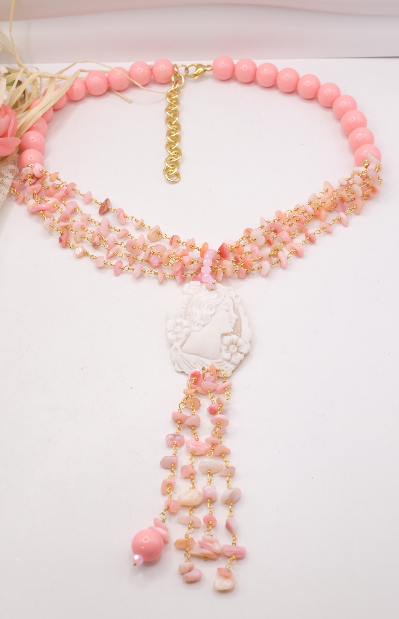 COLLANA ARTIGIANALE MADREPERLA ROSA PASTA DI CORALLO CAMMEO DI TORRE DEL GRECO (5)