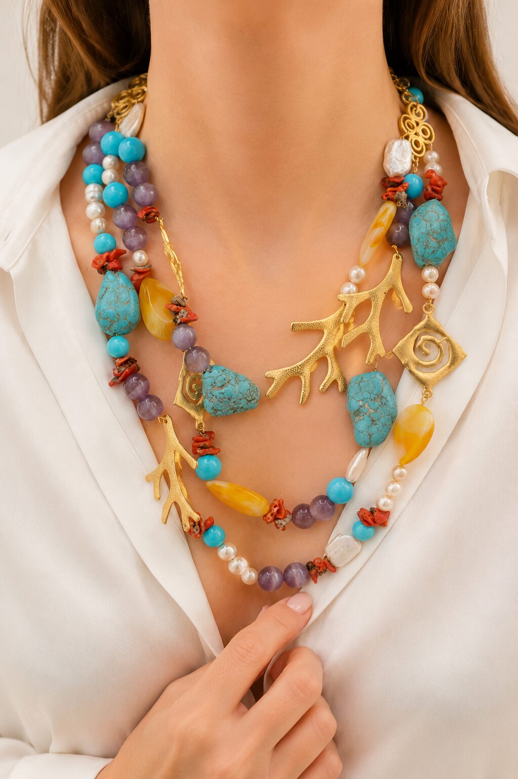 COLLANA ARTIGIANALE MULTIFILO AMETISTA OCCHIO DI GATTO PASTA DI TURCHESE PERLE CORALLO OTTONE RESINE
