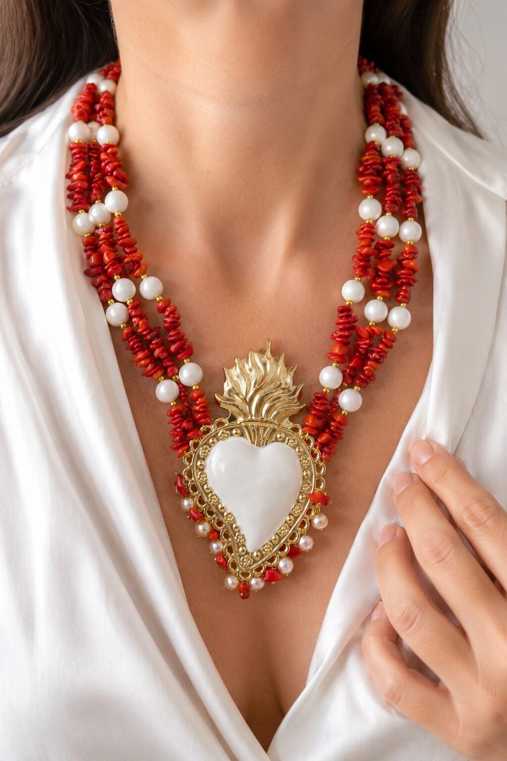 COLLANA ARTIGIANALE MULTIFILO CUORE SACRO CORALLO AGATA BIANCA