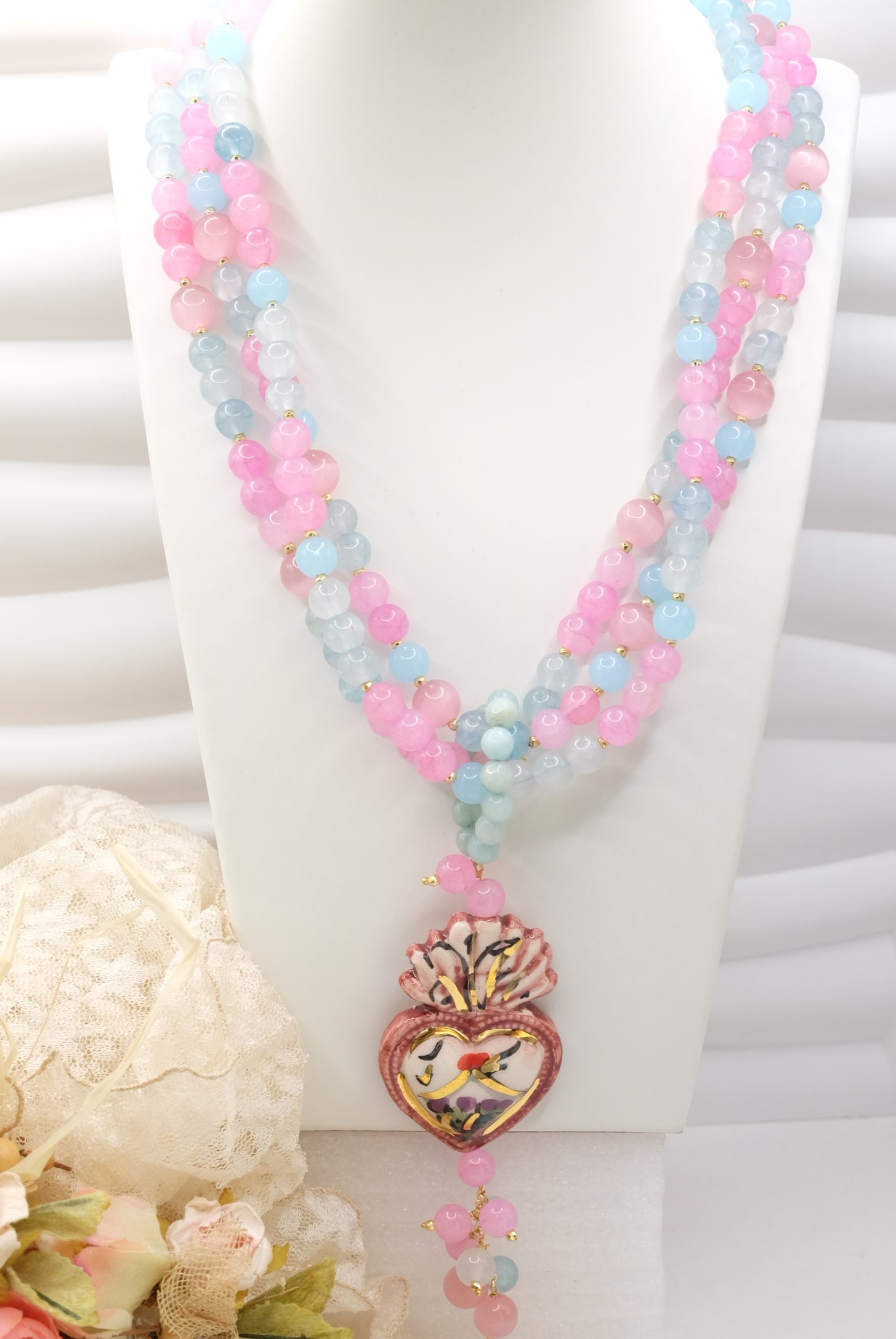 COLLANA ARTIGIANALE MULTIFILO GIADA OCCHIO DI GATTO ROSA AZZURRO SACRO CUORE CERAMICA DI CALTAGIRONE SICILIA SICILIANA ARTISTICA (2)