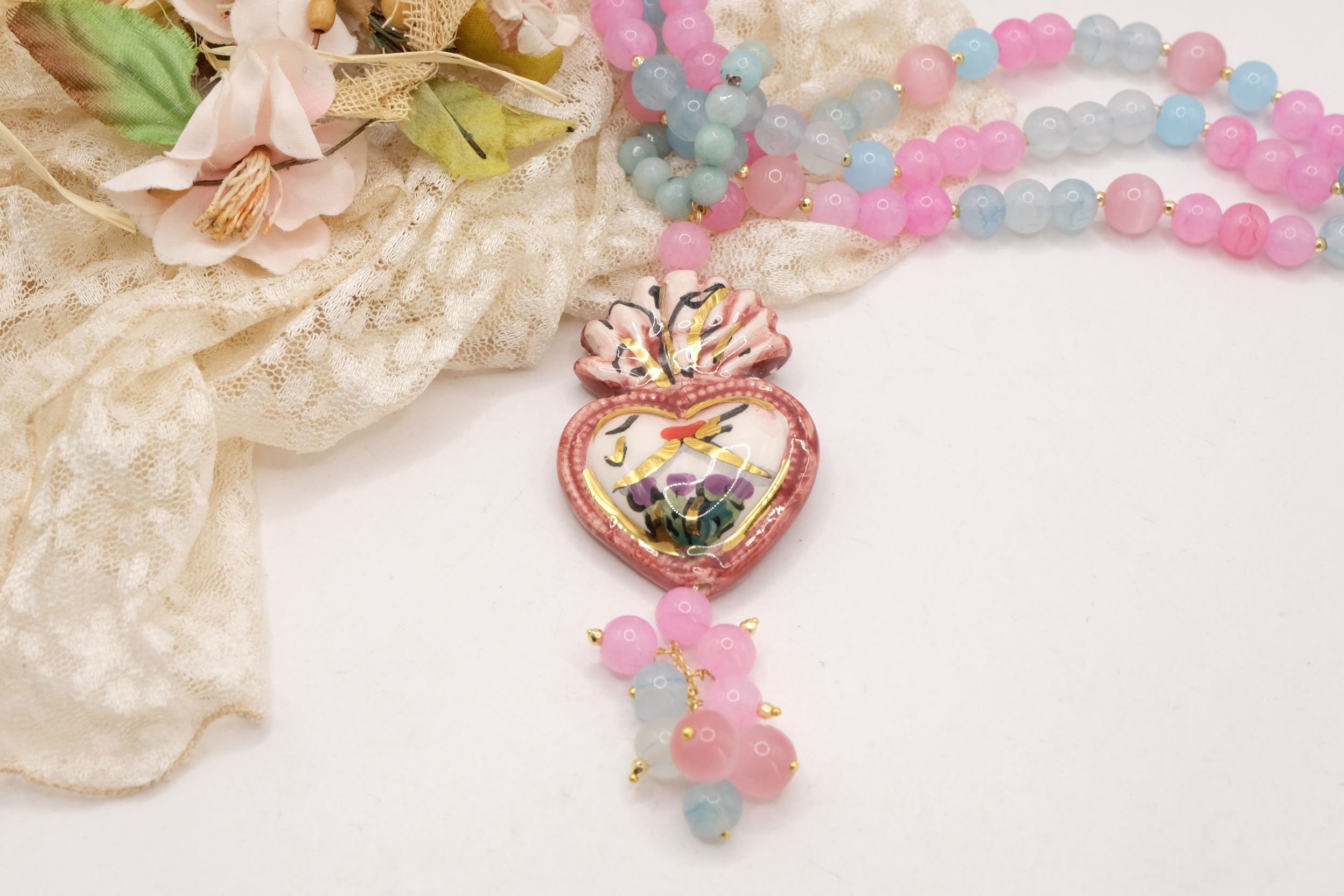 COLLANA ARTIGIANALE MULTIFILO GIADA OCCHIO DI GATTO ROSA AZZURRO SACRO CUORE CERAMICA DI CALTAGIRONE SICILIA SICILIANA ARTISTICA (3)