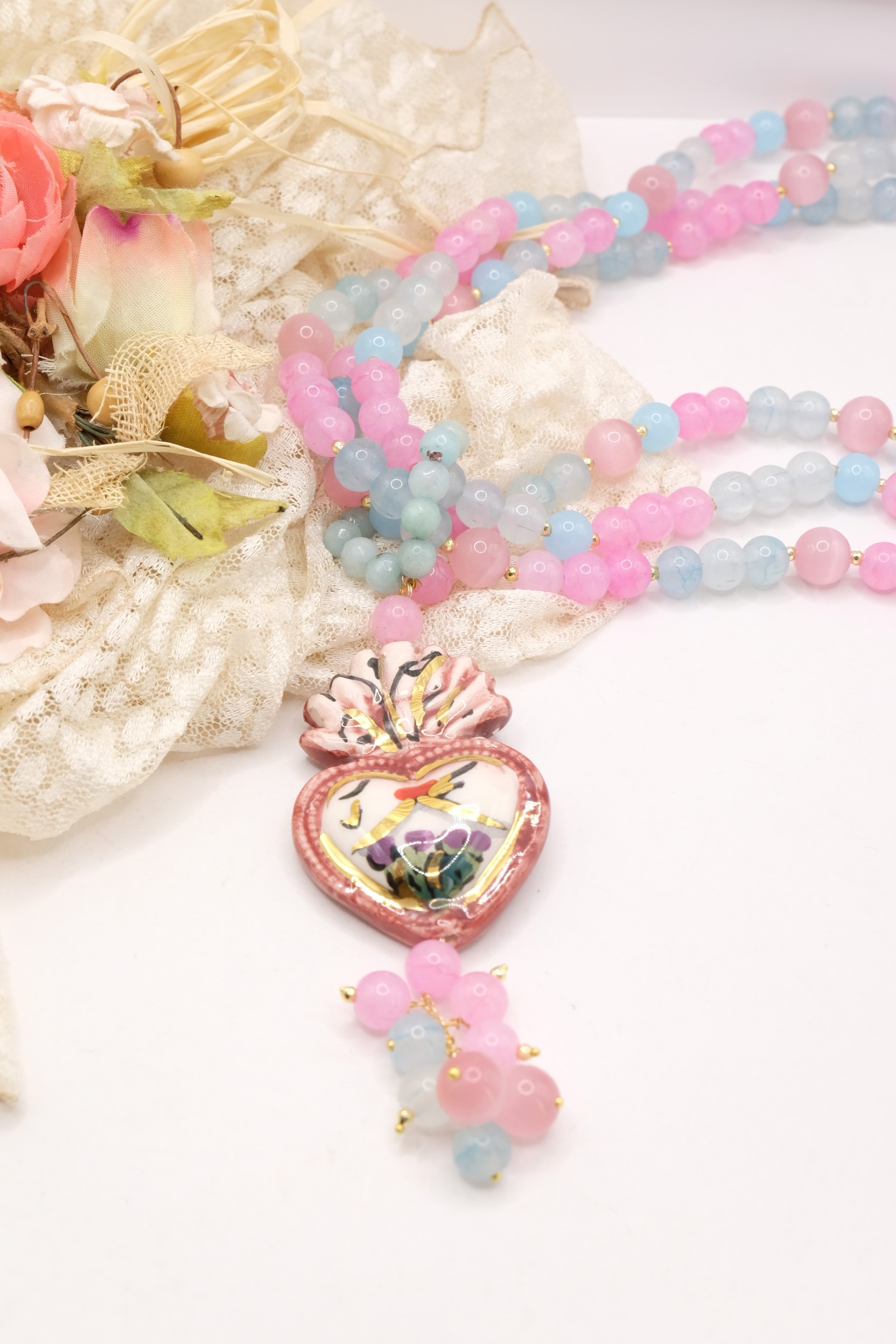 COLLANA ARTIGIANALE MULTIFILO GIADA OCCHIO DI GATTO ROSA AZZURRO SACRO CUORE CERAMICA DI CALTAGIRONE SICILIA SICILIANA ARTISTICA (4)