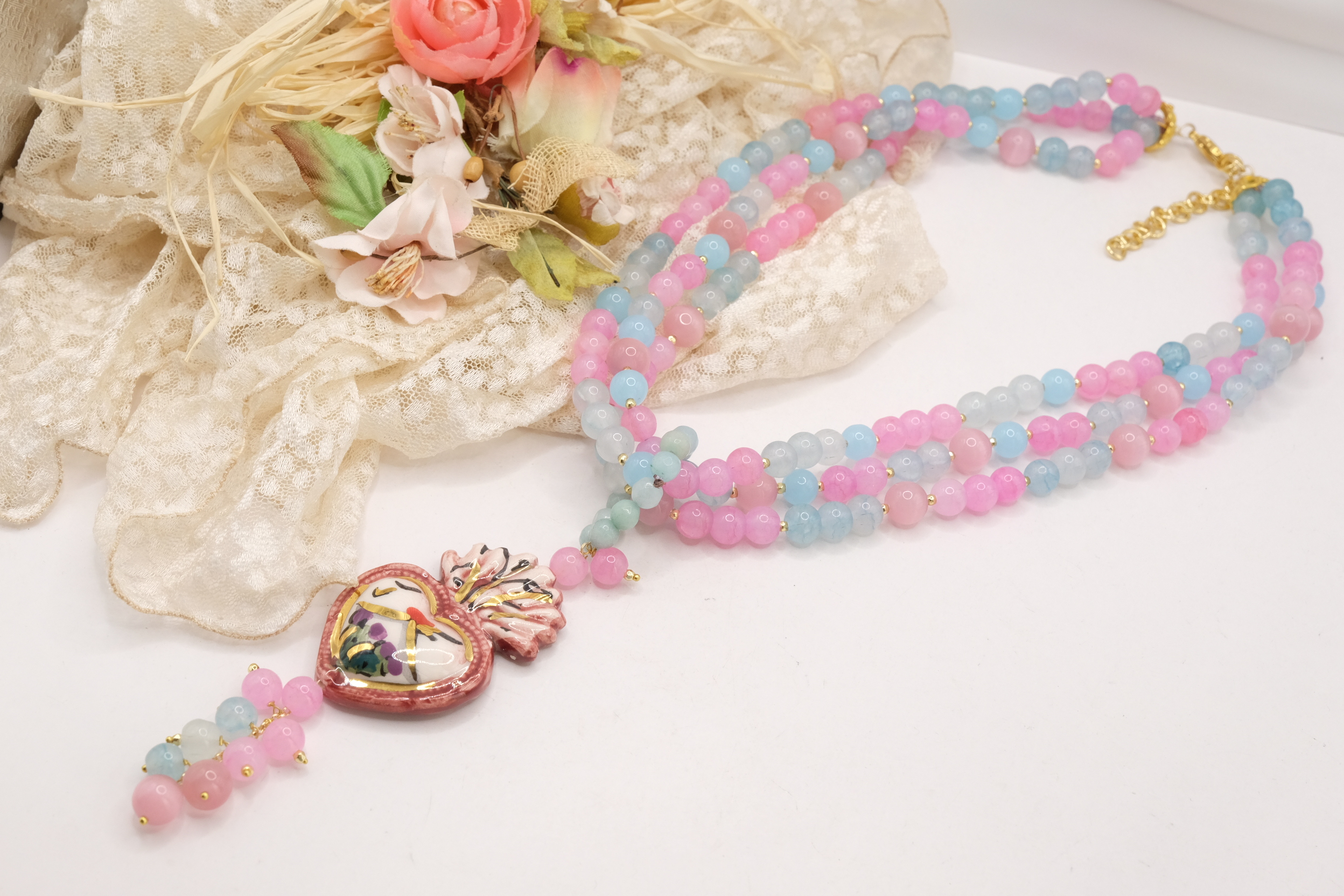 COLLANA ARTIGIANALE MULTIFILO GIADA OCCHIO DI GATTO ROSA AZZURRO SACRO CUORE CERAMICA DI CALTAGIRONE SICILIA SICILIANA ARTISTICA (5)