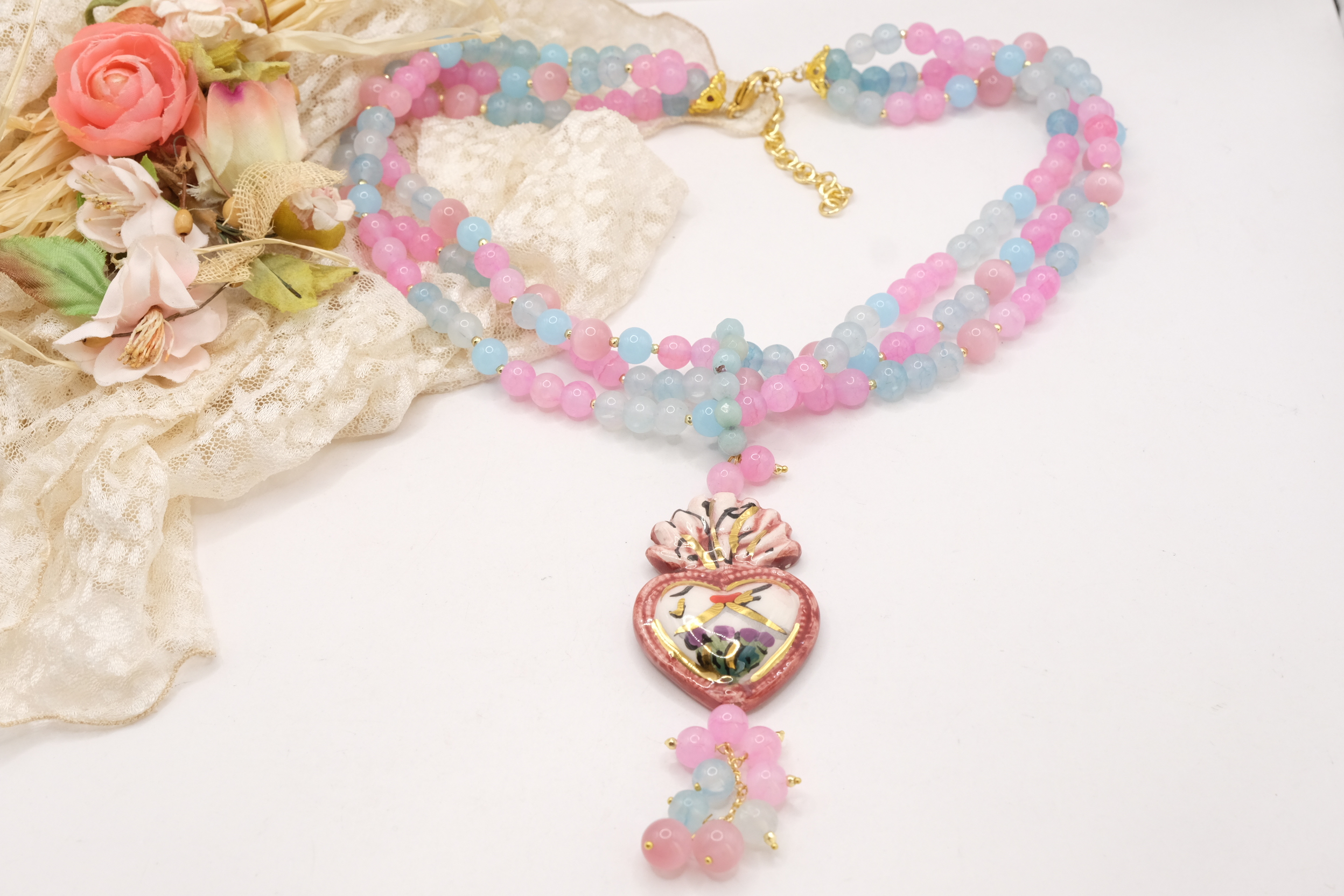COLLANA ARTIGIANALE MULTIFILO GIADA OCCHIO DI GATTO ROSA AZZURRO SACRO CUORE CERAMICA DI CALTAGIRONE SICILIA SICILIANA ARTISTICA (8)