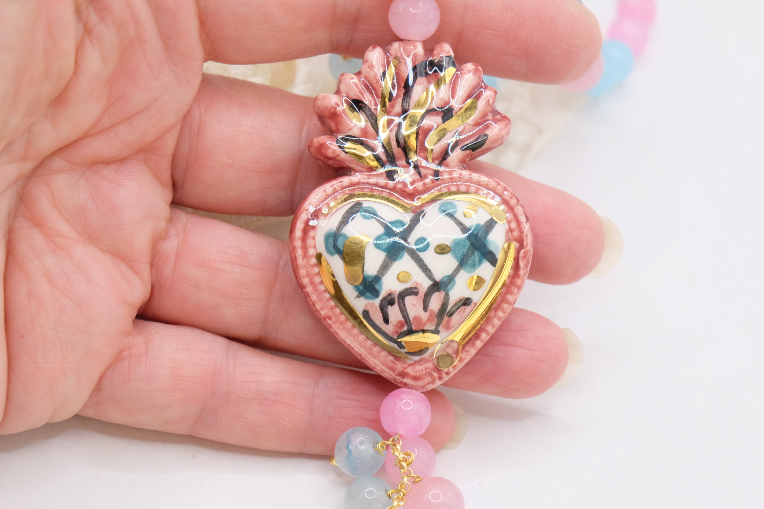 COLLANA ARTIGIANALE MULTIFILO GIADA OCCHIO DI GATTO ROSA AZZURRO SACRO CUORE CERAMICA DI CALTAGIRONE SICILIA SICILIANA ARTISTICA (9)