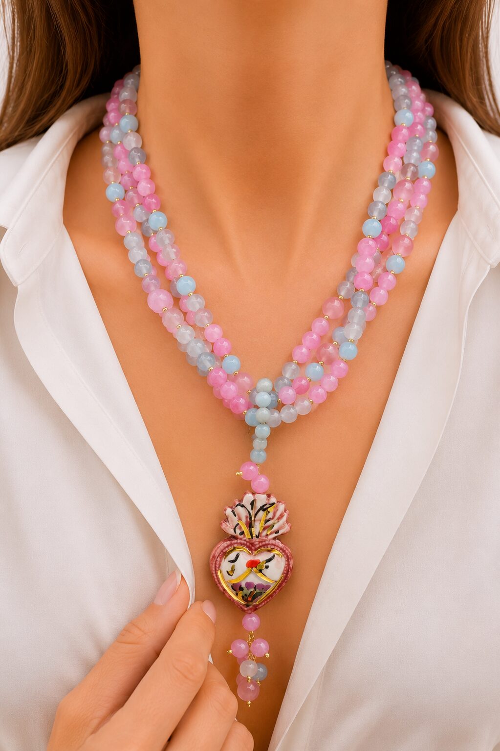 COLLANA ARTIGIANALE MULTIFILO GIADA OCCHIO DI GATTO ROSA AZZURRO SACRO CUORE CERAMICA DI CALTAGIRONE SICILIA SICILIANA ARTISTICA