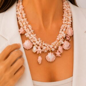 Collana Opale Rosa Multifilo Conchiglie e Stelle Marine in ceramica di Caltagirone