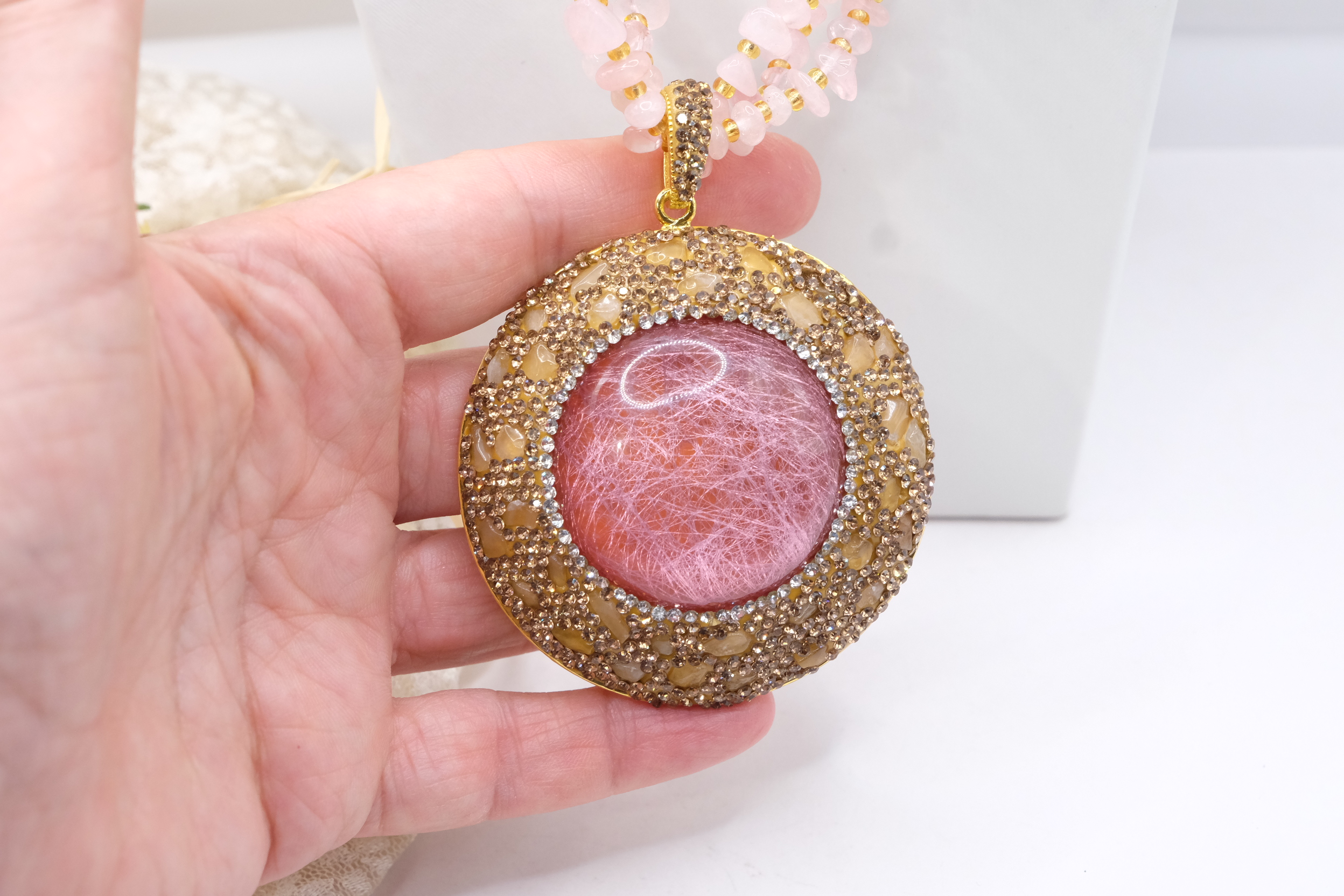 COLLANA ARTIGIANALE MULTIFILO QUARZO ROSA CABOCHON RESINA MARCASITI (2)