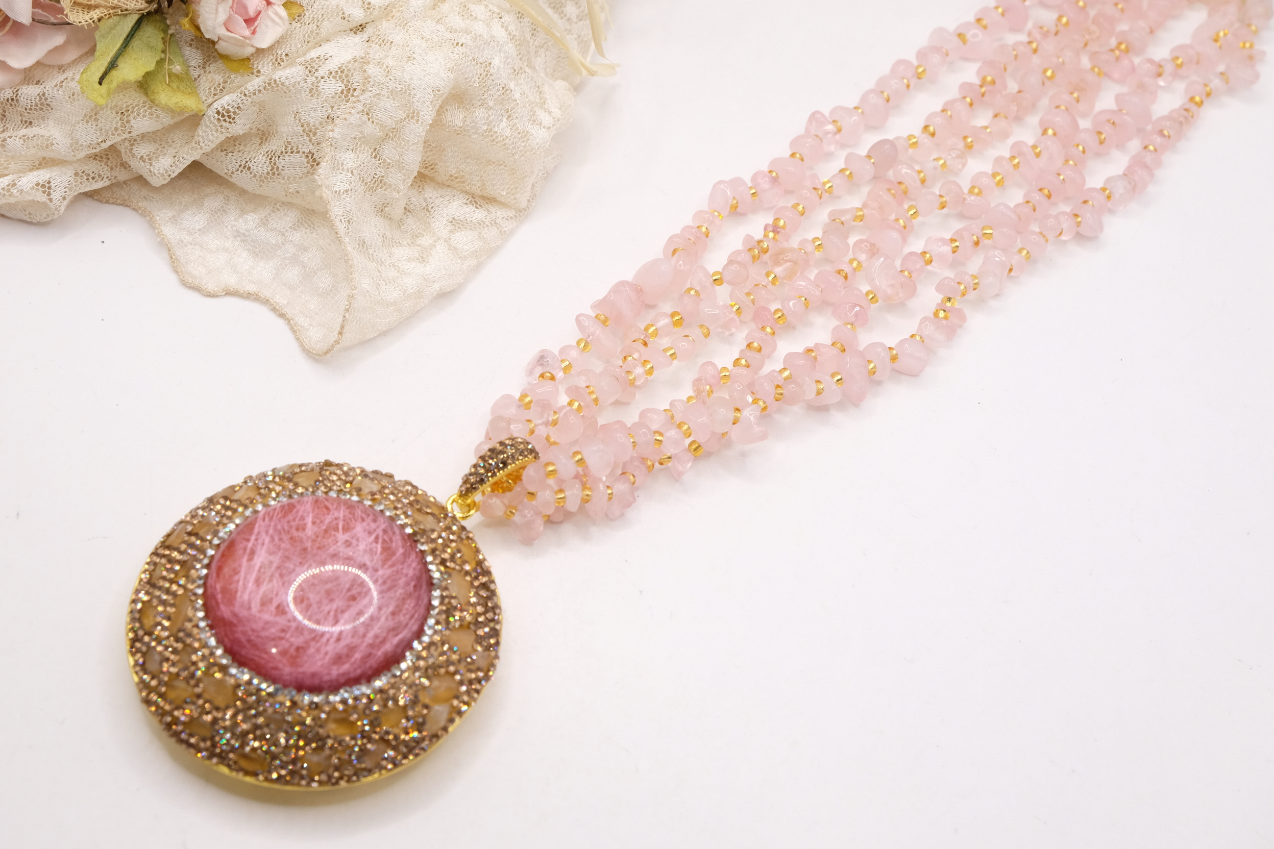 COLLANA ARTIGIANALE MULTIFILO QUARZO ROSA CABOCHON RESINA MARCASITI (3)