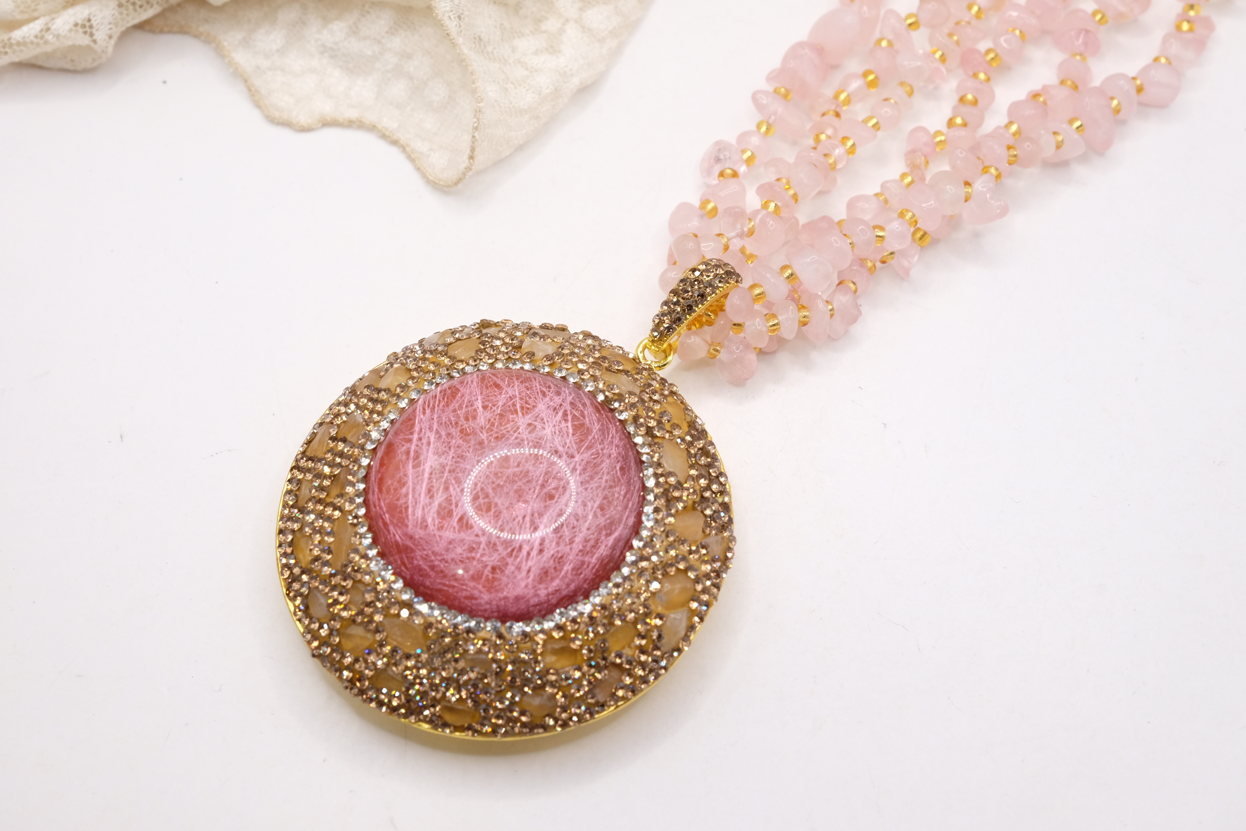 COLLANA ARTIGIANALE MULTIFILO QUARZO ROSA CABOCHON RESINA MARCASITI (4)