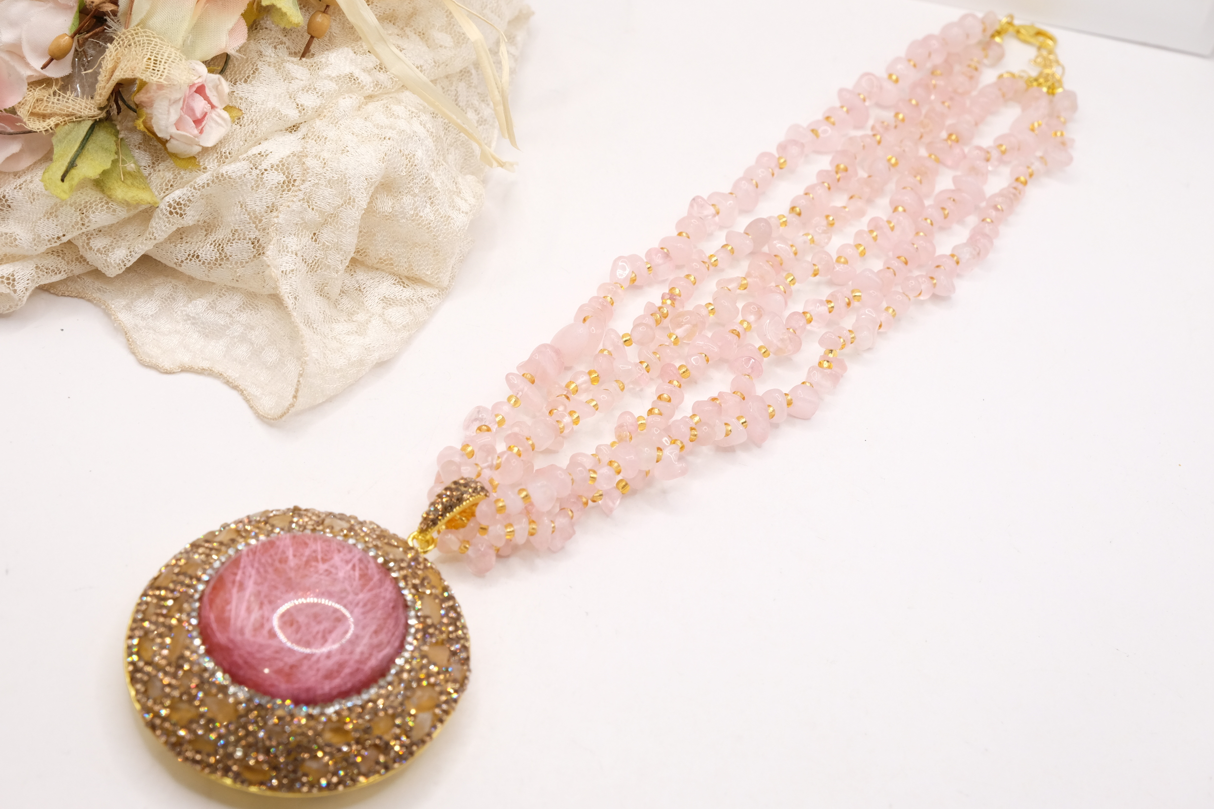 COLLANA ARTIGIANALE MULTIFILO QUARZO ROSA CABOCHON RESINA MARCASITI (5)