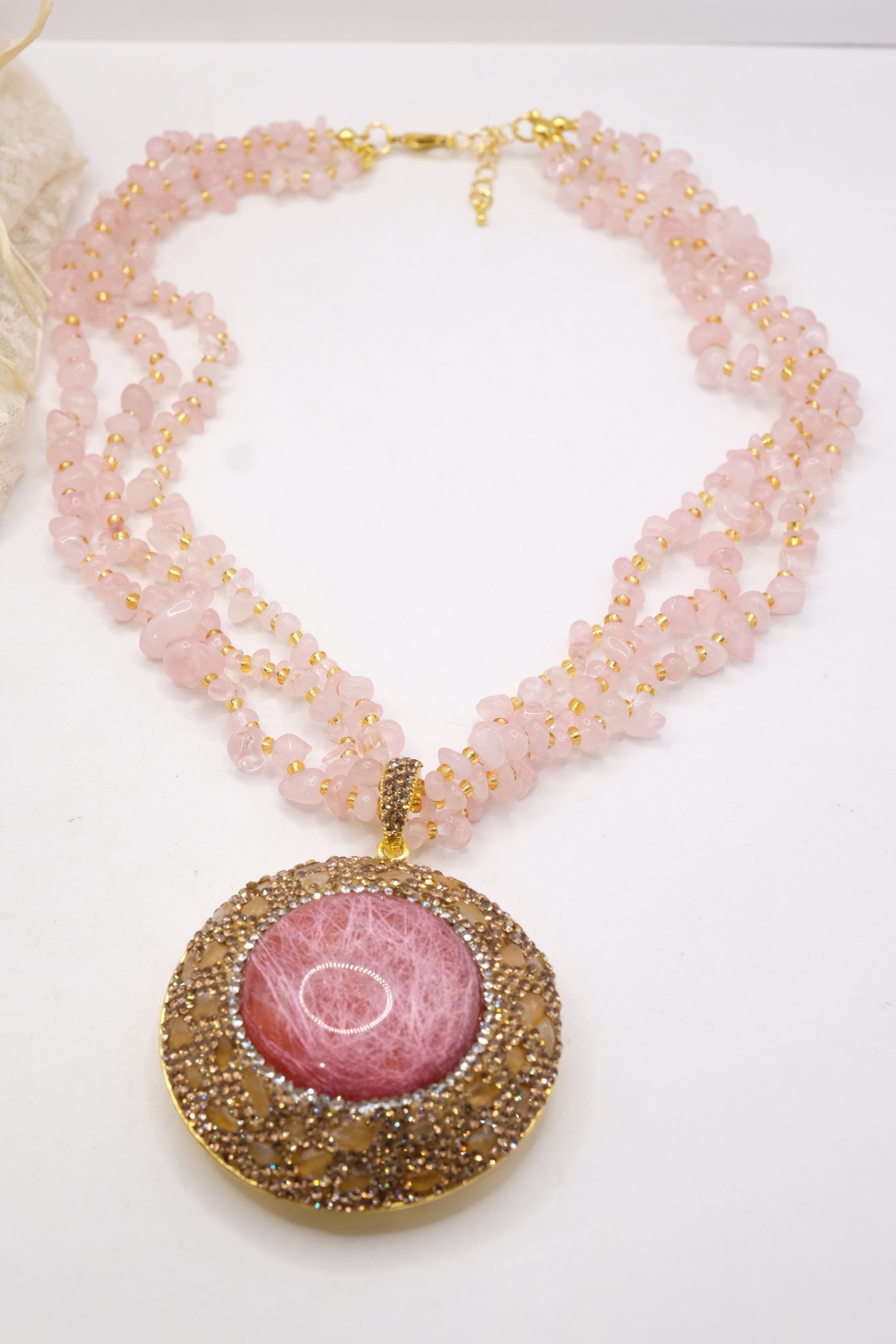 COLLANA ARTIGIANALE MULTIFILO QUARZO ROSA CABOCHON RESINA MARCASITI (6)