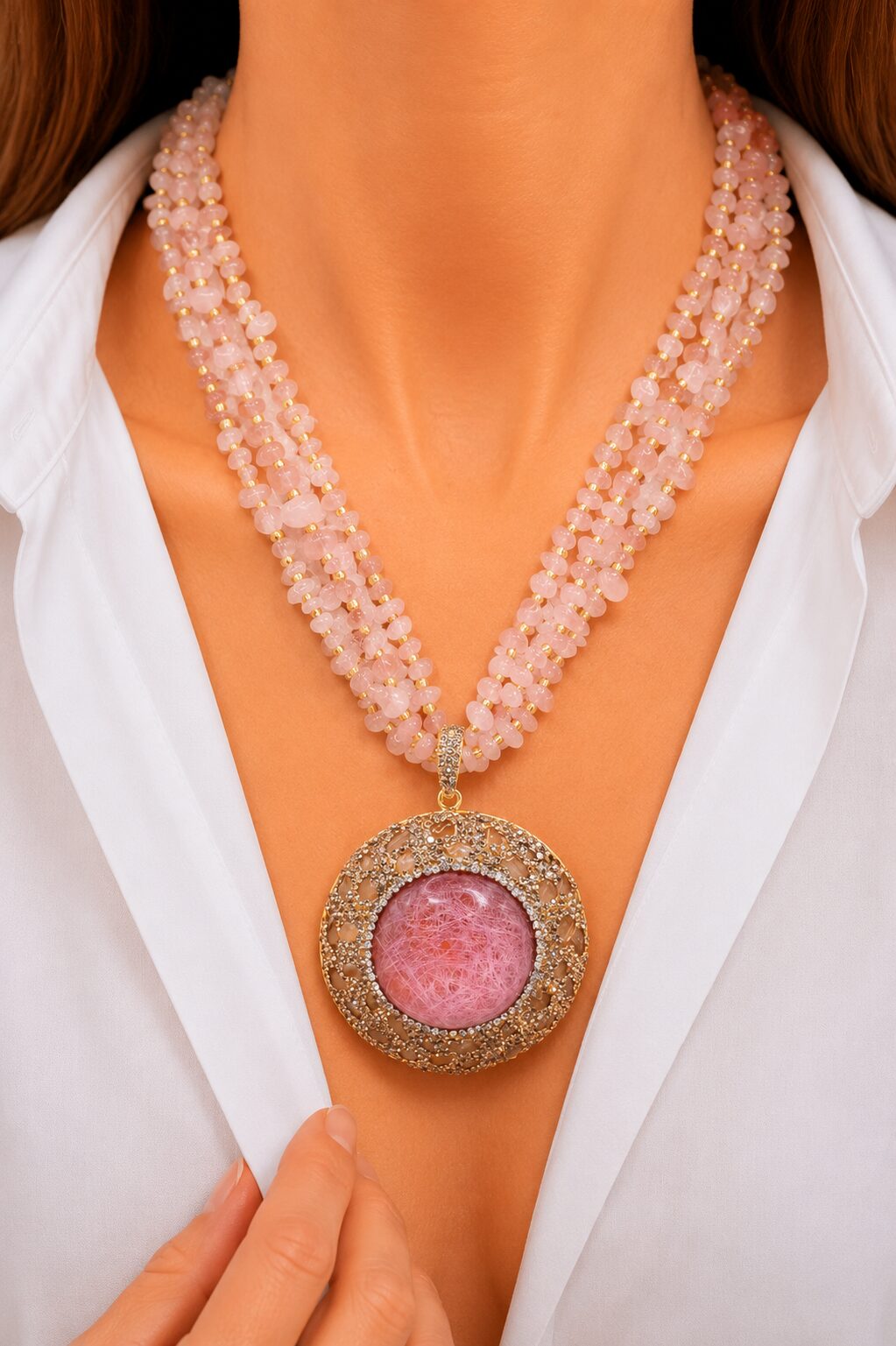 COLLANA ARTIGIANALE MULTIFILO QUARZO ROSA CABOCHON RESINA MARCASITI