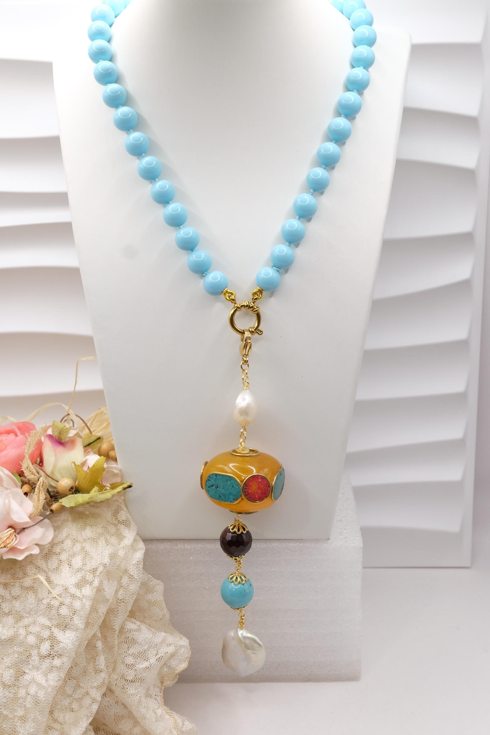 HANDMADE TURQUOISE PASTE NECKLACE NEPALESE PENDANT B (2)