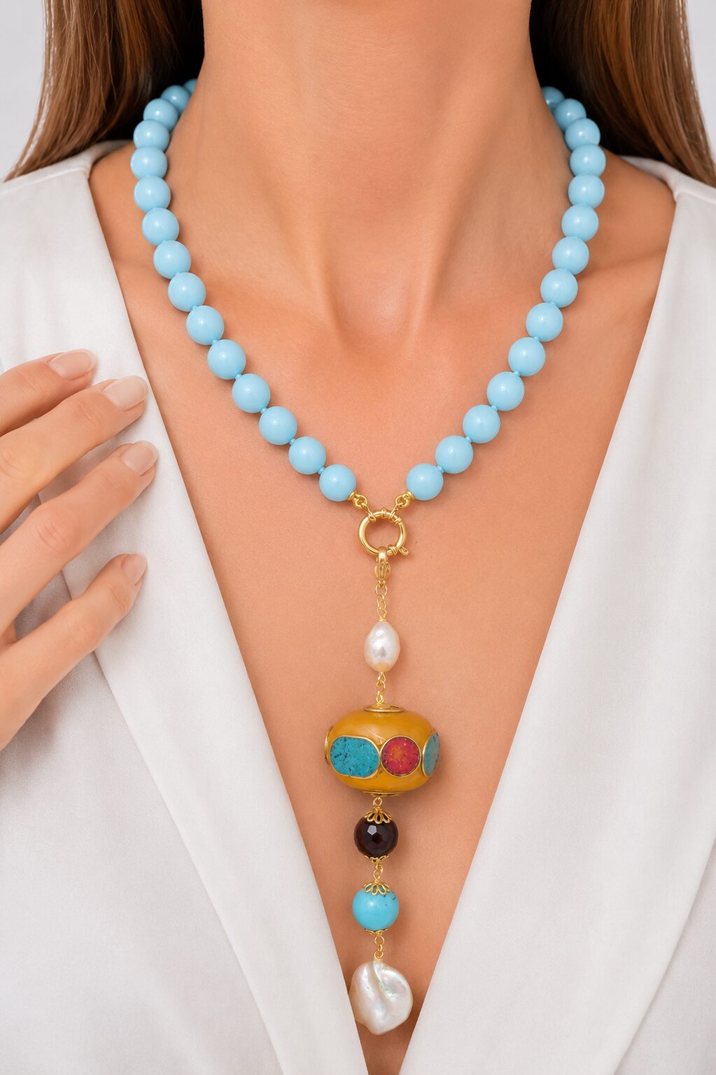 Handcrafted Turquoise Paste Necklace Nepalese Pendant B