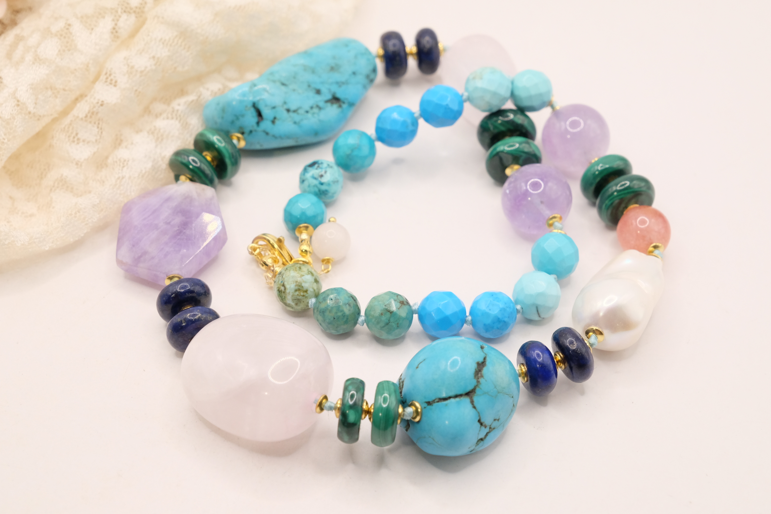 COLLANA ARTIGIANALE PERLE AMETISTA TURCHESE ACQUAMARINA LAPIS MALACHITE (2)