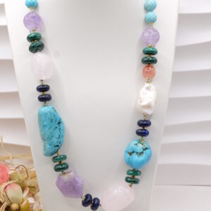 Collana Asimmetrica Turchese Perla Ametista Quarzo Rosa Malachite Lapis
