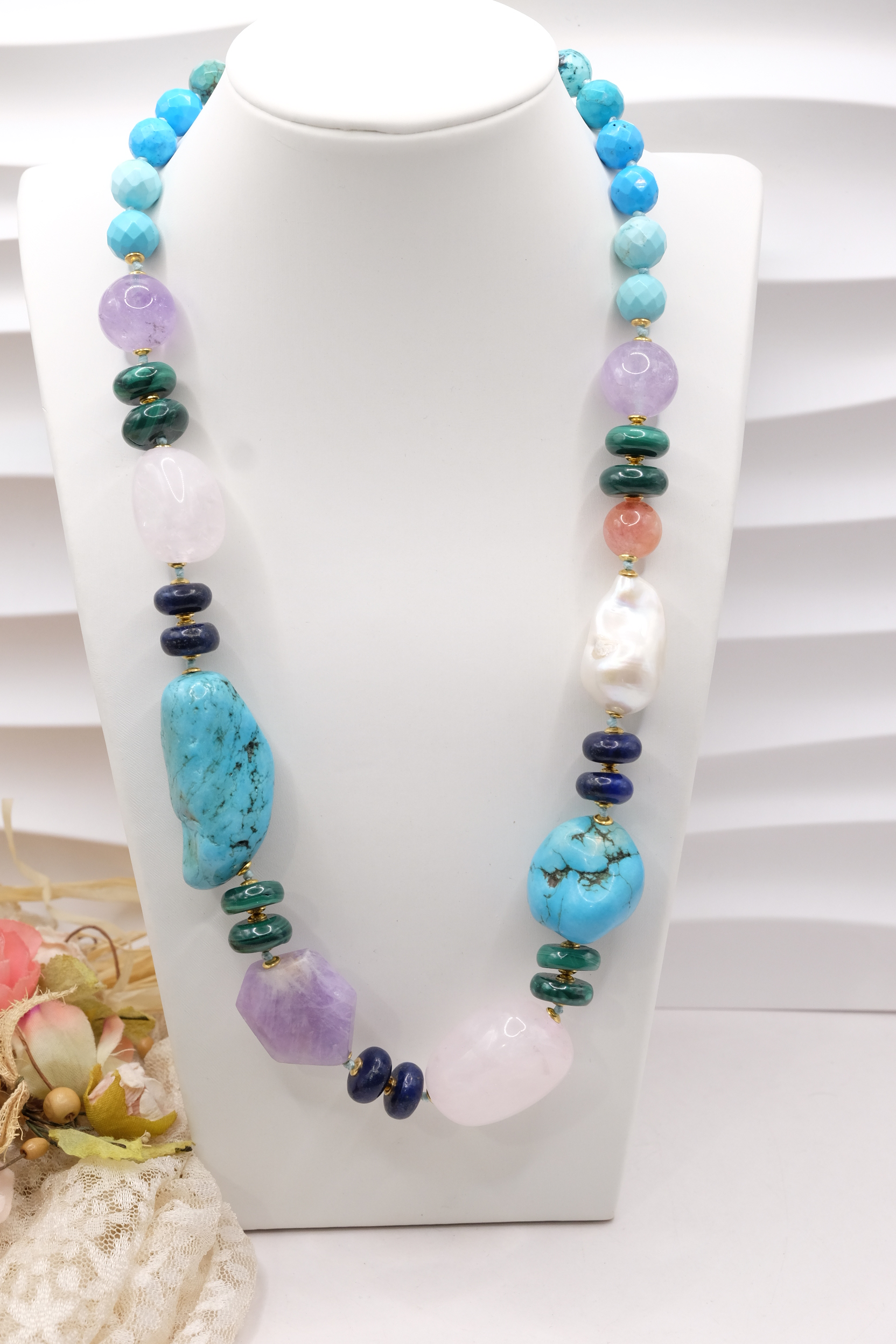 COLLANA ARTIGIANALE PERLE AMETISTA TURCHESE ACQUAMARINA LAPIS MALACHITE (3)