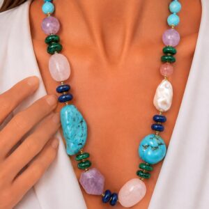 Collana Asimmetrica Turchese Perla Ametista Quarzo Rosa Malachite Lapis